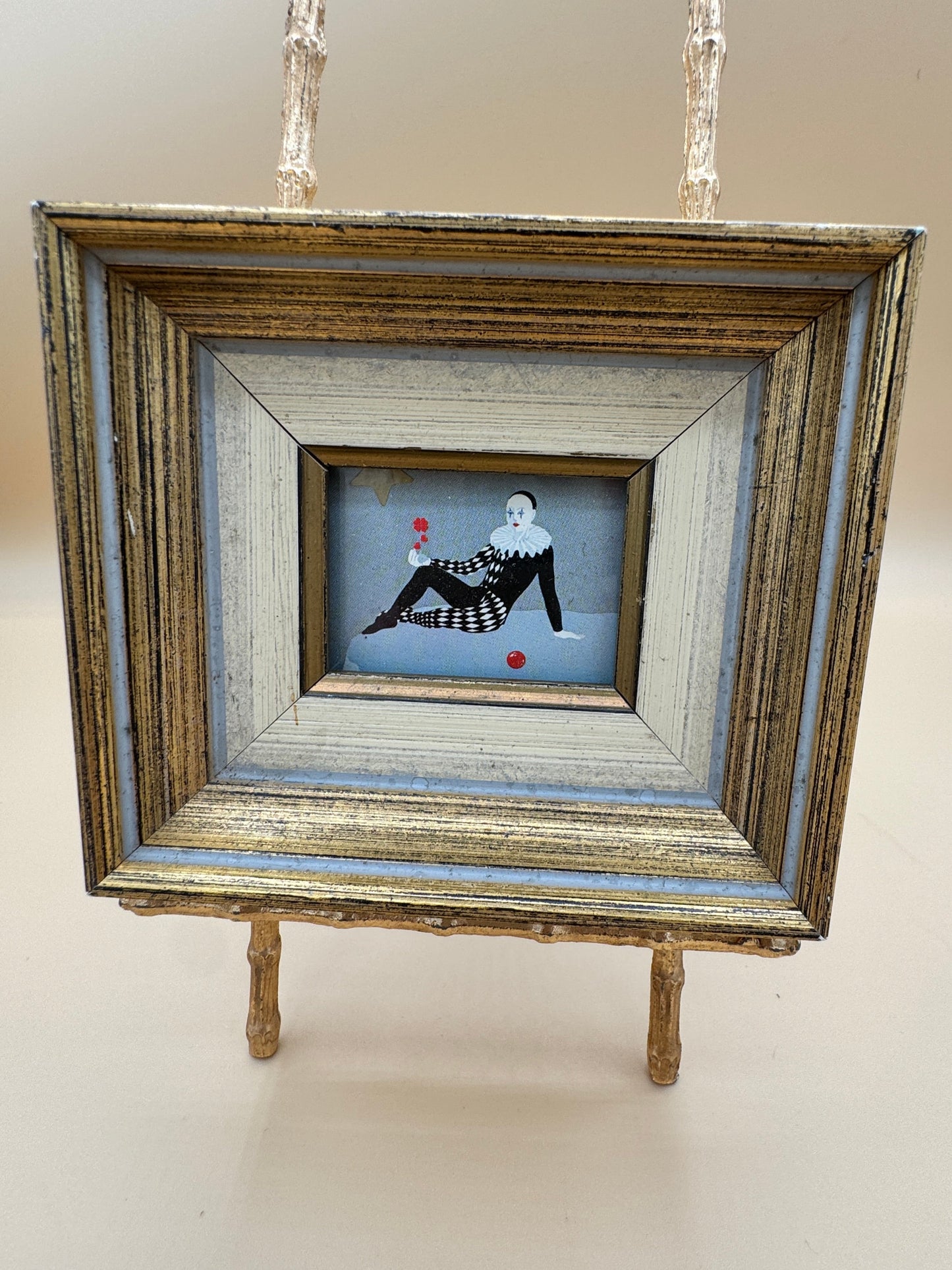 Framed Harlequin Pierrot Print by Eva Müller-Rudolf (Typed Label) – Small Theatrical Wall Art (4.5” x 4”)