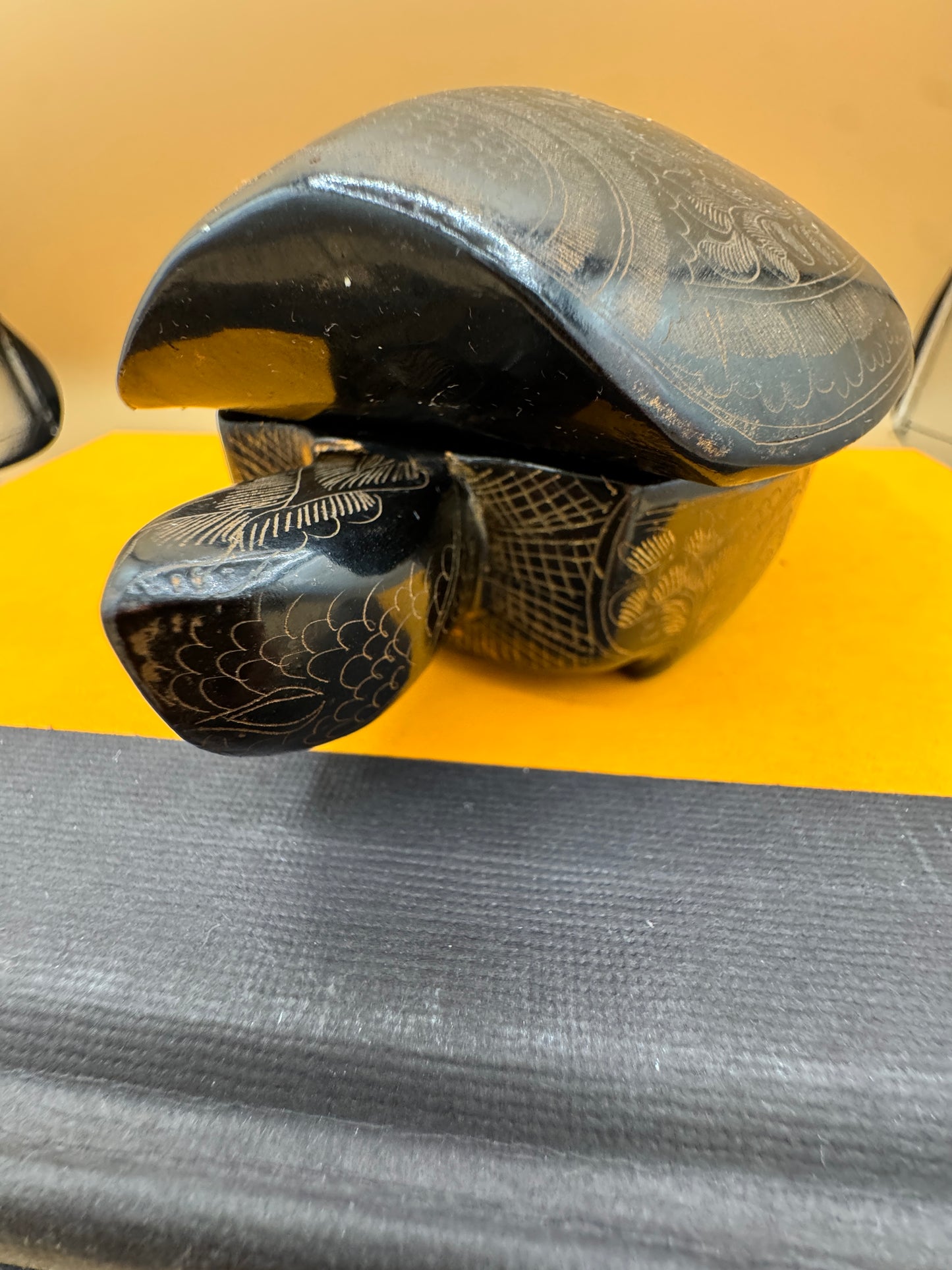 Hand-Carved Black Lacquer Turtle Trinket Box with Floral Etching – 8”