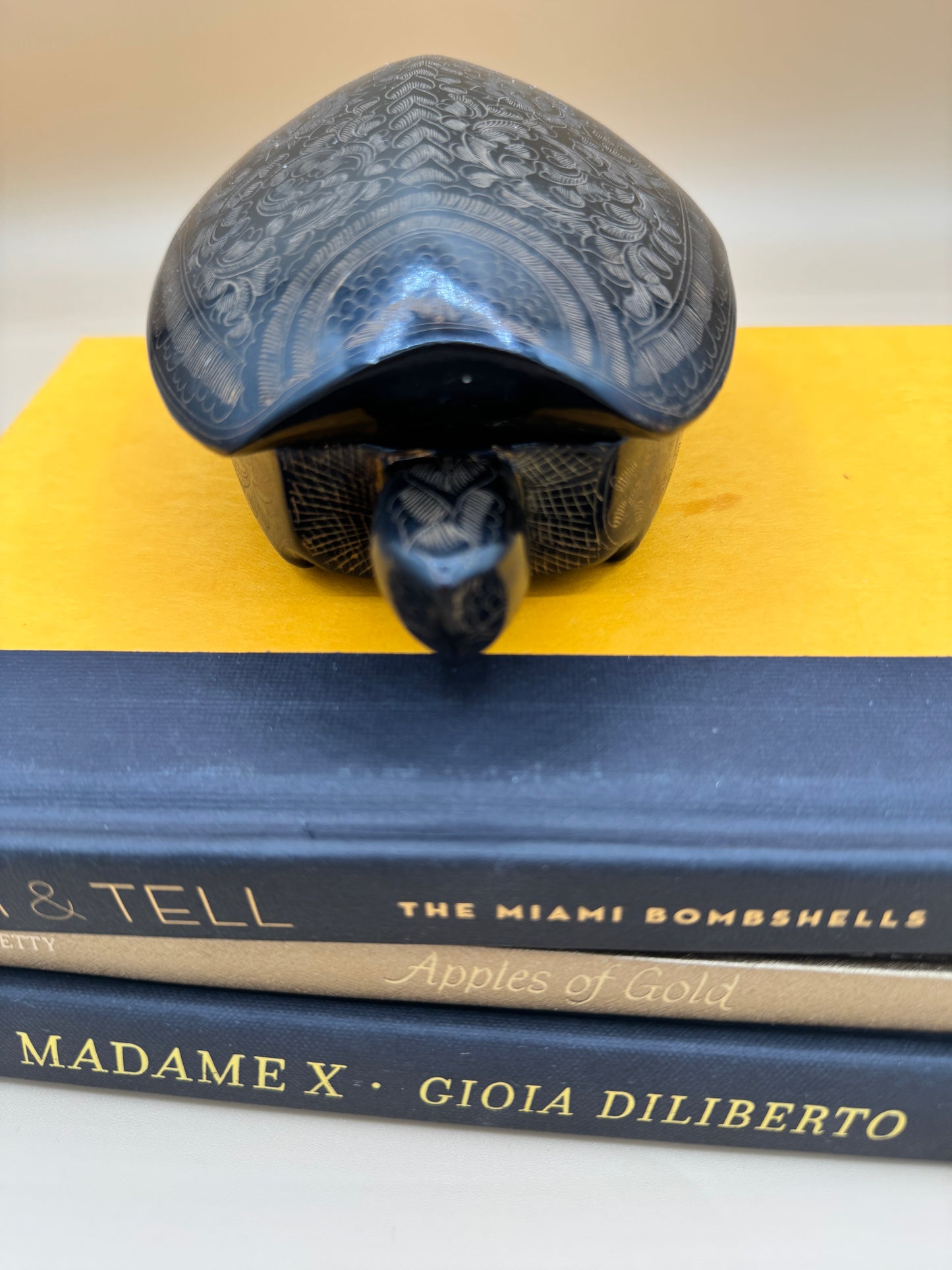 Hand-Carved Black Lacquer Turtle Trinket Box with Floral Etching – 8”