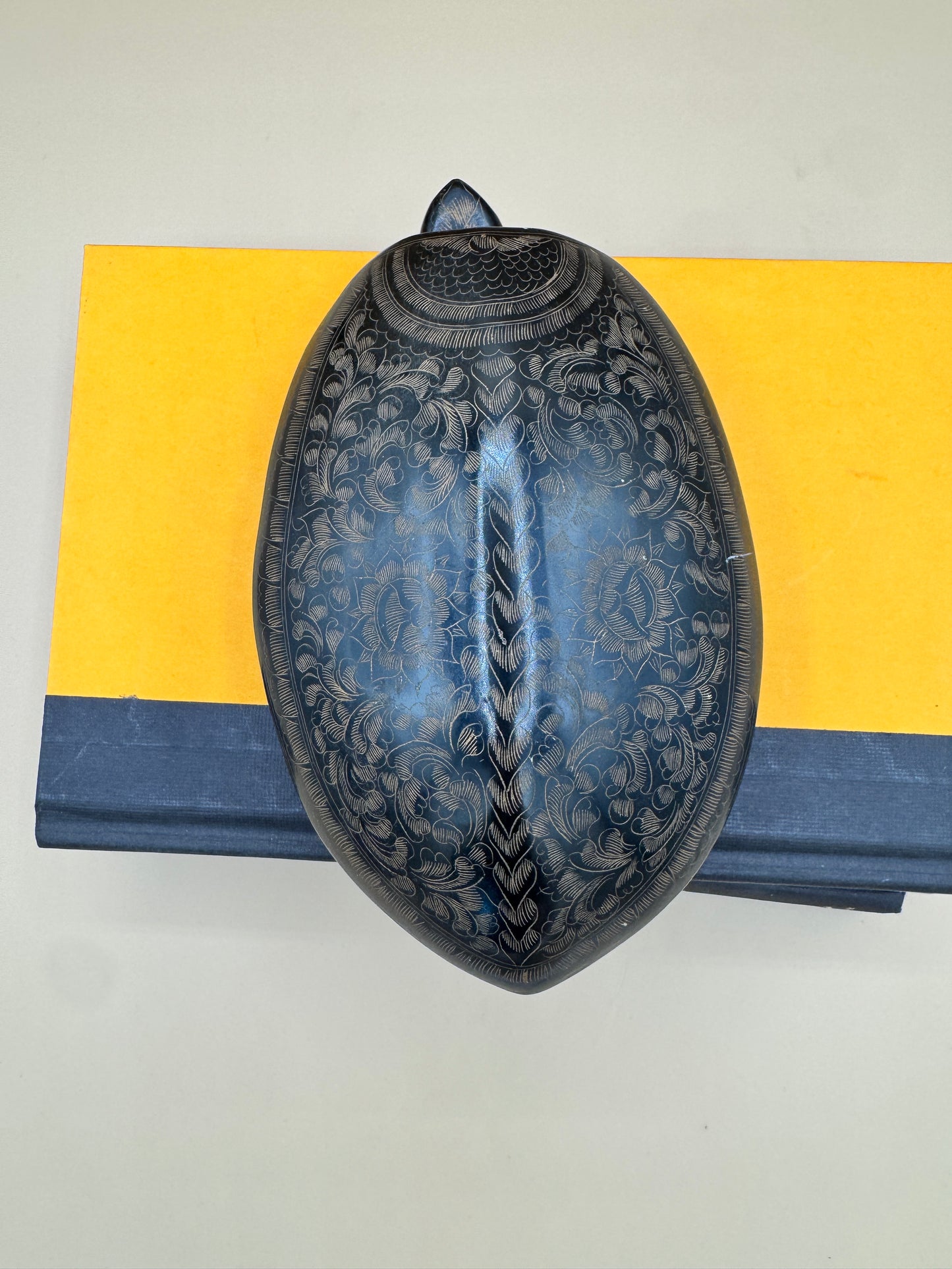 Hand-Carved Black Lacquer Turtle Trinket Box with Floral Etching – 8”