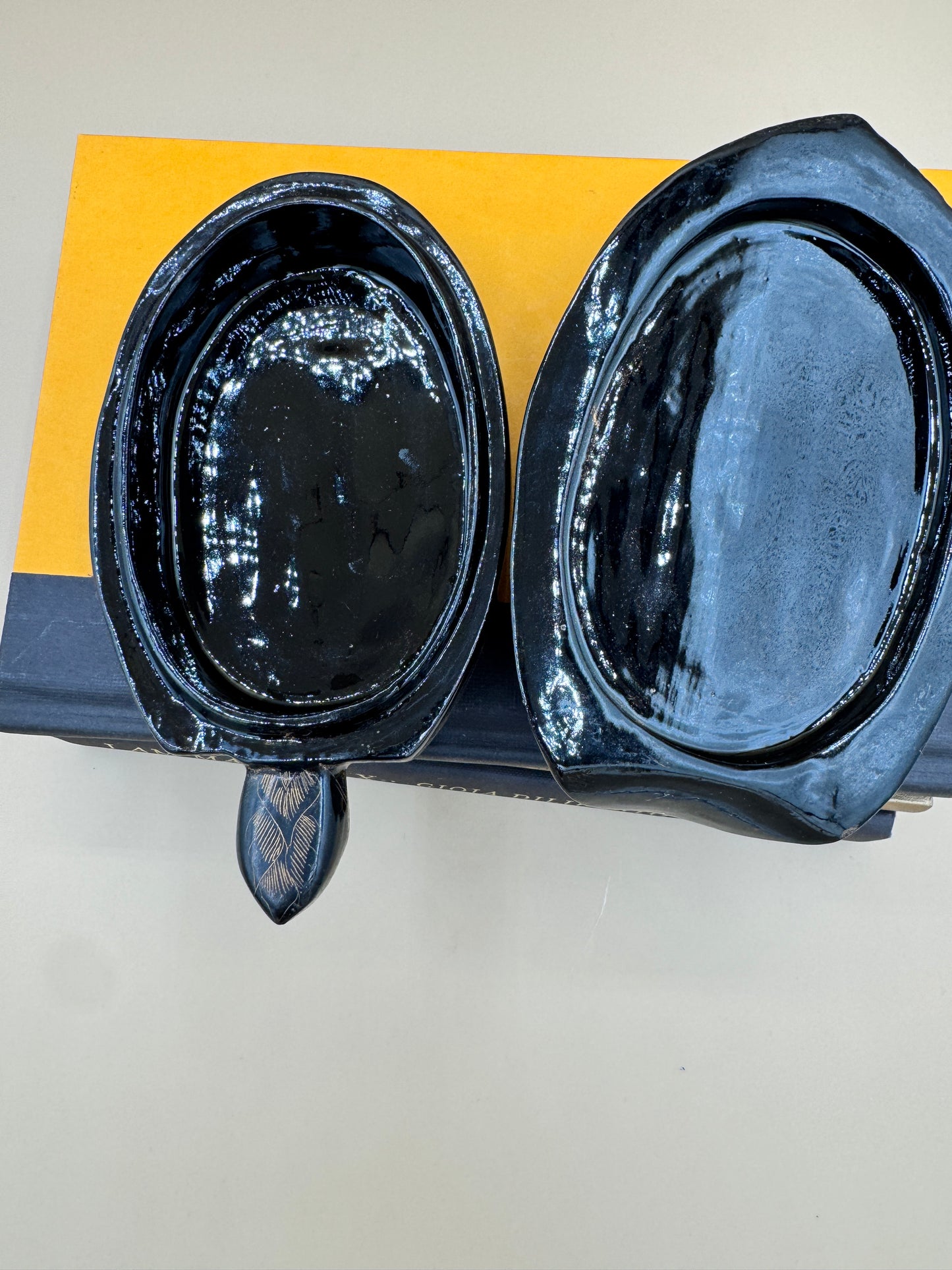 Hand-Carved Black Lacquer Turtle Trinket Box with Floral Etching – 8”