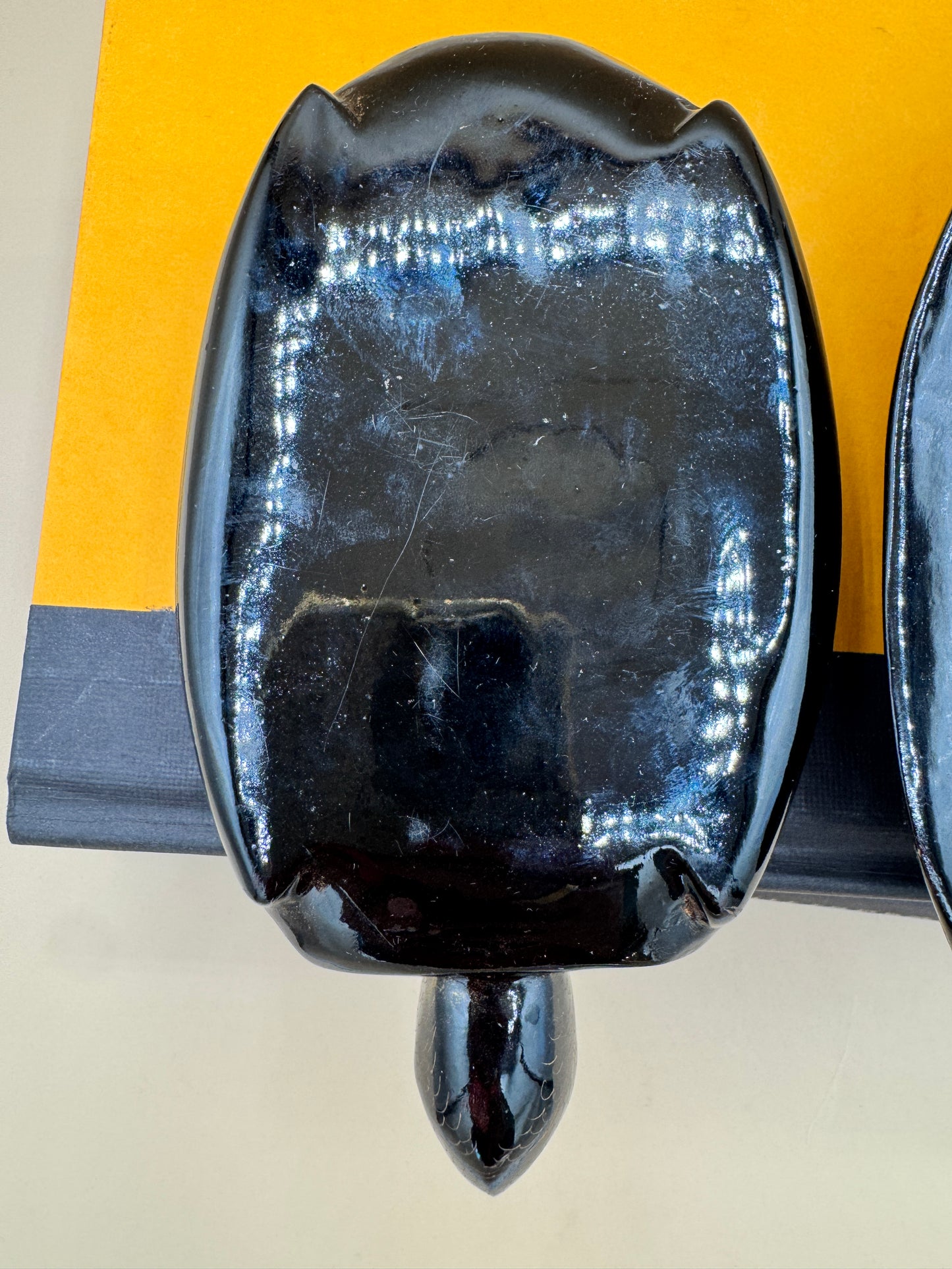 Hand-Carved Black Lacquer Turtle Trinket Box with Floral Etching – 8”