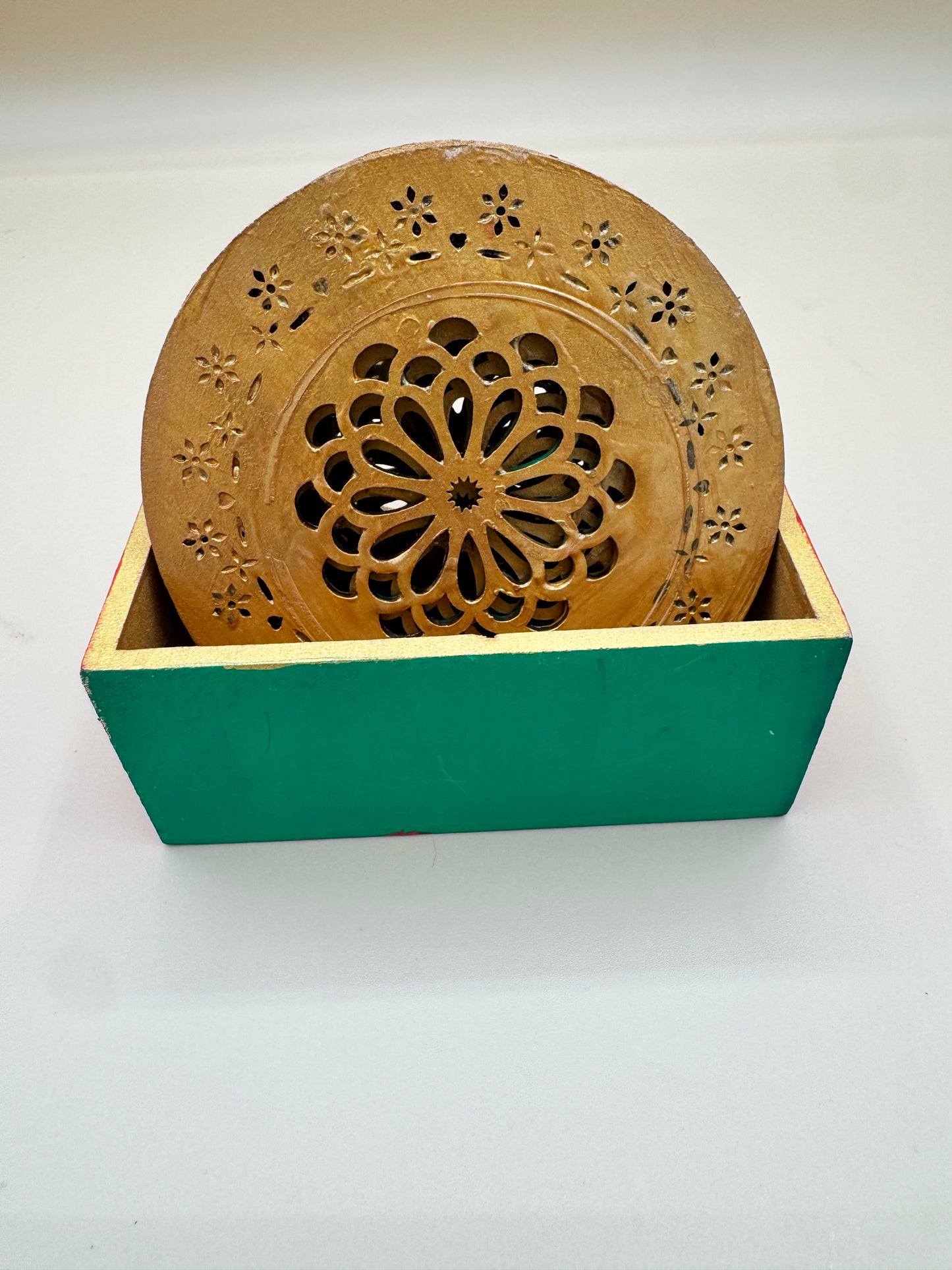 Wooden Laser Cut Coaster Set with Holder – 6 Pieces