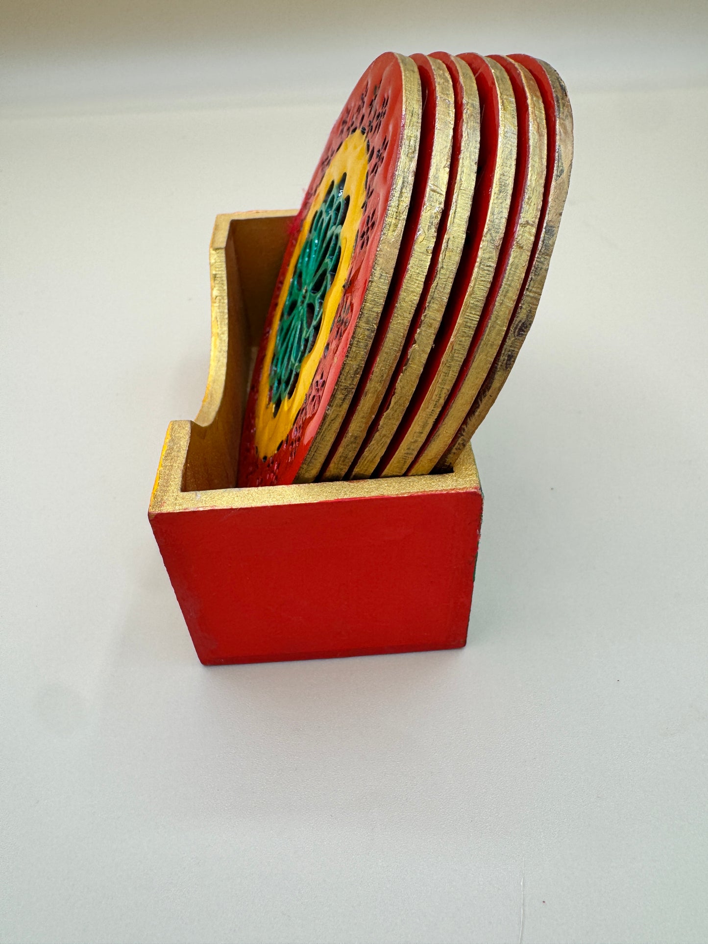 Wooden Laser Cut Coaster Set with Holder – 6 Pieces