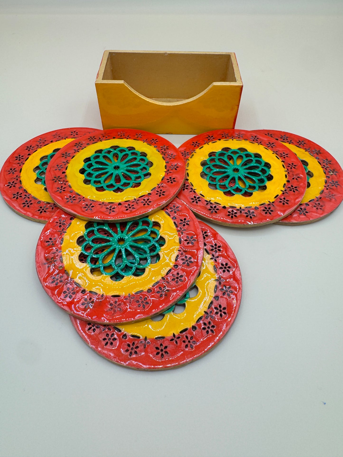 Wooden Laser Cut Coaster Set with Holder – 6 Pieces