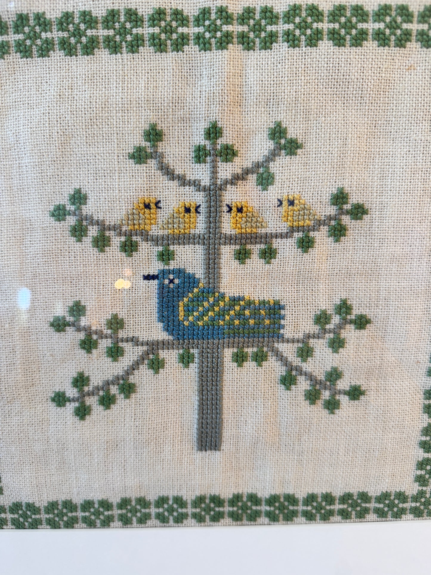 Framed Danish Cross Stitch – 1969 Haandarbejdets Fremme “Birds in Tree” Design