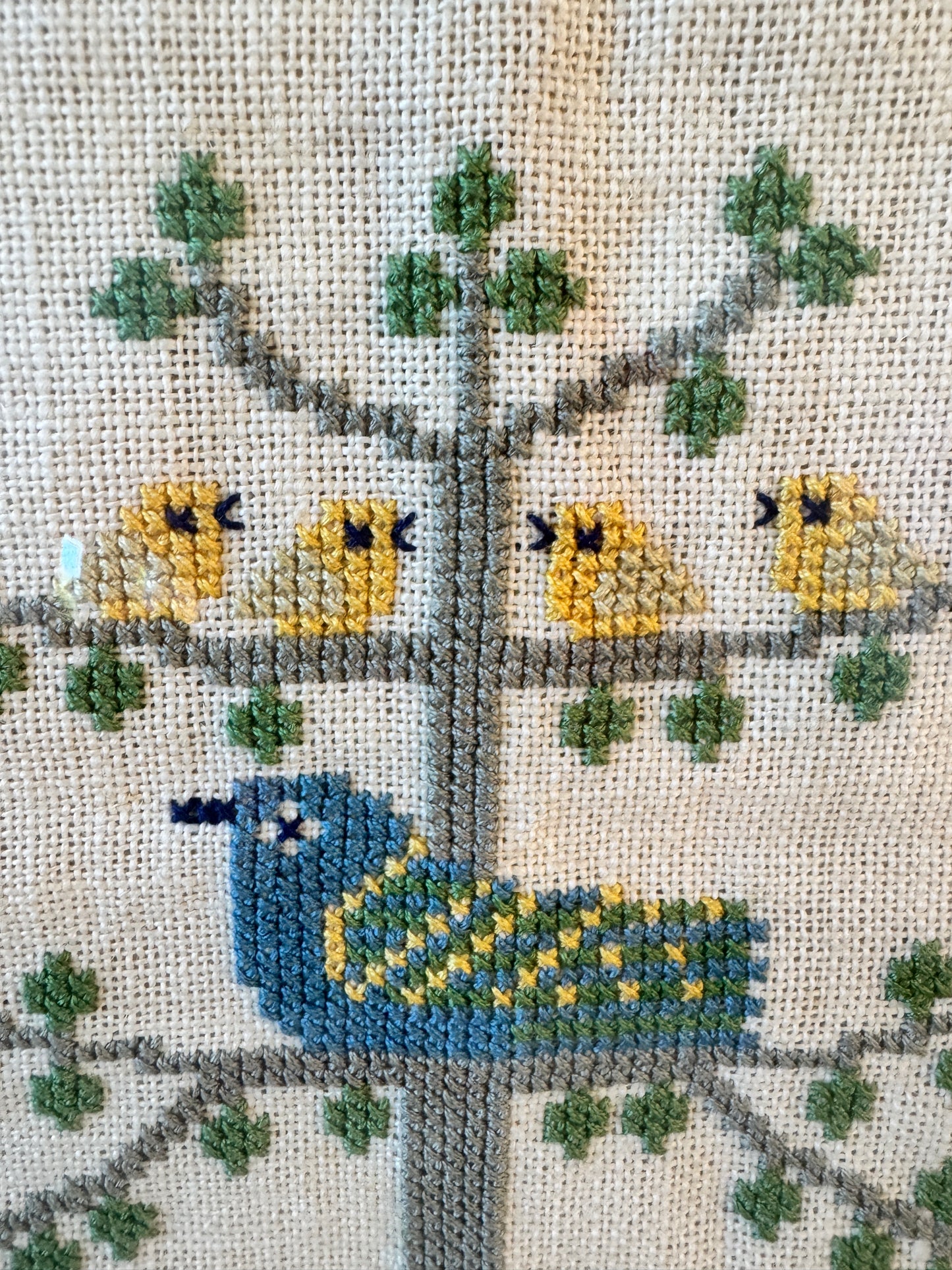 Framed Danish Cross Stitch – 1969 Haandarbejdets Fremme “Birds in Tree” Design