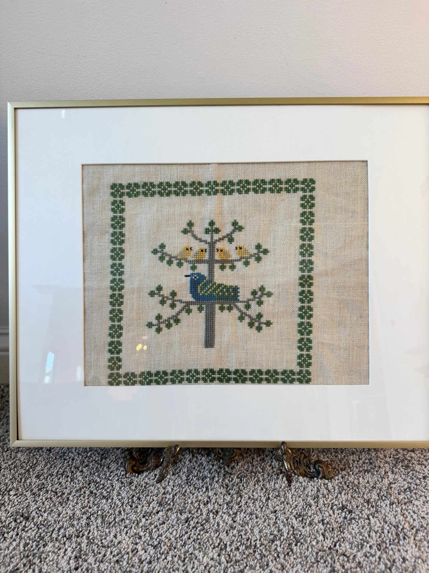 Framed Danish Cross Stitch – 1969 Haandarbejdets Fremme “Birds in Tree” Design