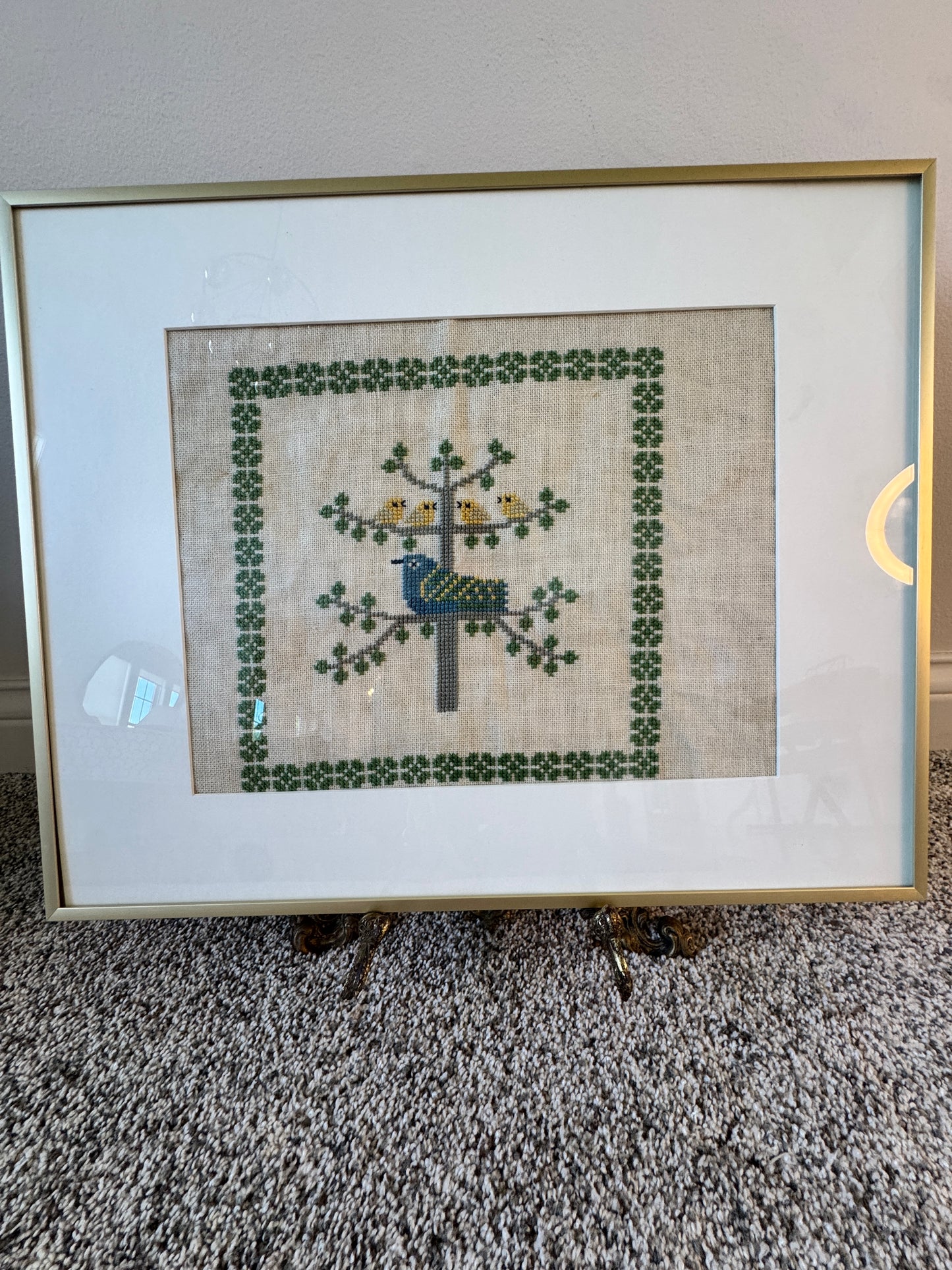 Framed Danish Cross Stitch – 1969 Haandarbejdets Fremme “Birds in Tree” Design