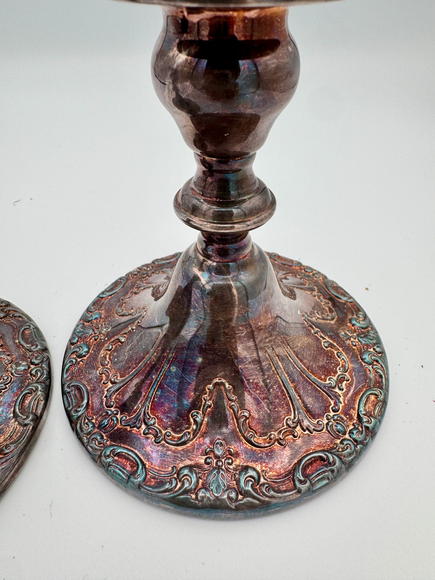 Vintage Gorham “Chantilly” Silver-Plated Candlestick Pair – Mid-Century Scrollwork