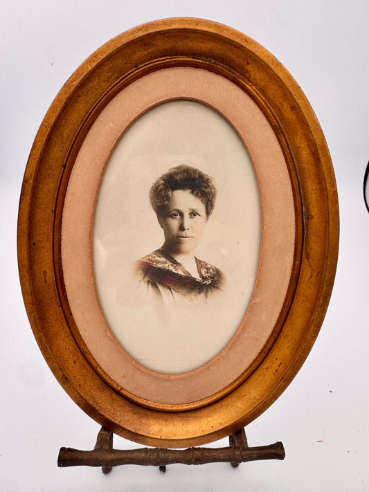 Antique Oval Frame with 1890s Portrait of Carrie Barrell Jennings + Hidden Cupid Lithograph