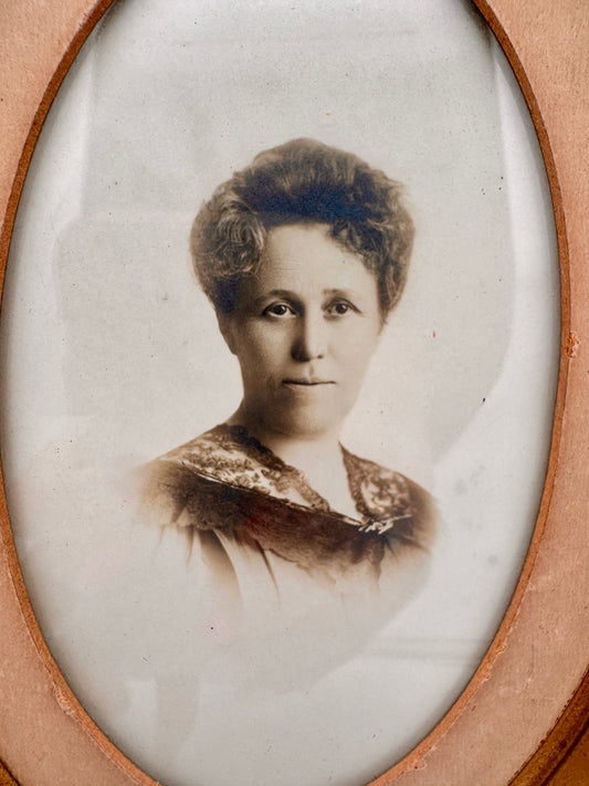Antique Oval Frame with 1890s Portrait of Carrie Barrell Jennings + Hidden Cupid Lithograph