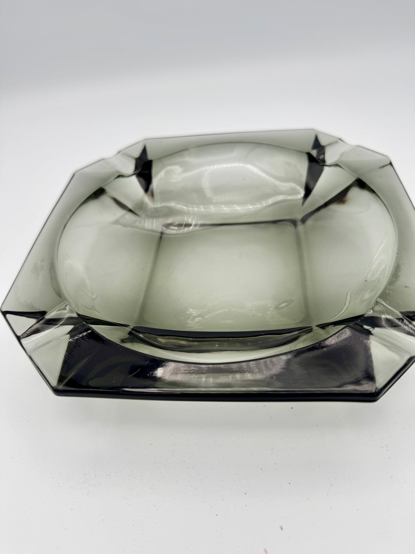 Mid-Century Modern Smoky Grey Glass Ashtray - Heavy Geometric Design (8')
