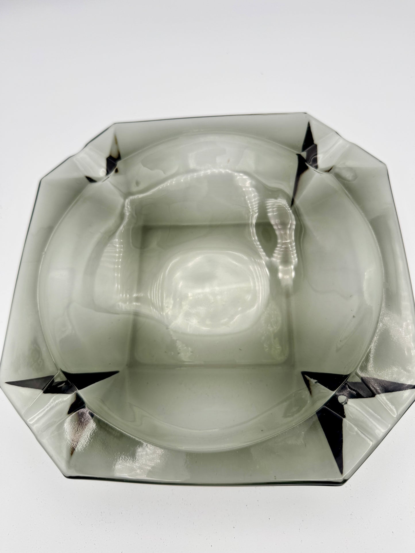 Mid-Century Modern Smoky Grey Glass Ashtray - Heavy Geometric Design (8')