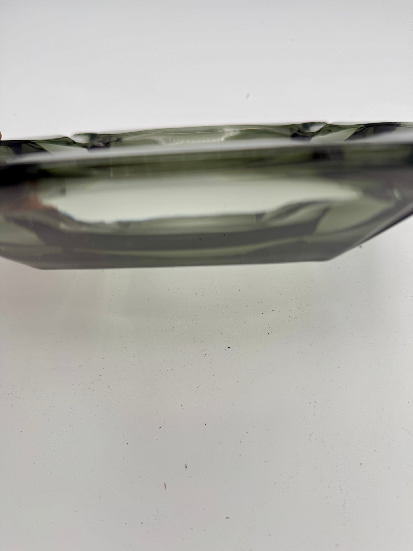 Mid-Century Modern Smoky Grey Glass Ashtray - Heavy Geometric Design (8')