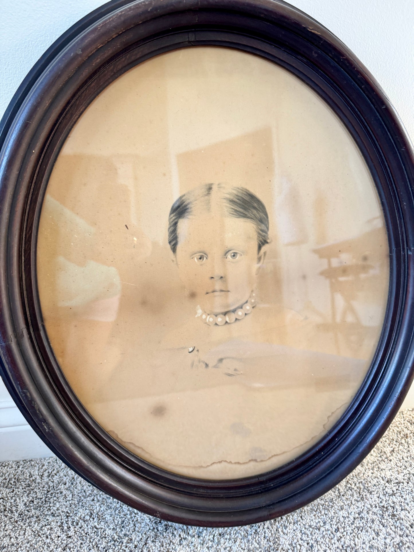 Victorian Oval Portrait Photograph in Original Wood Frame – 19th Century Antique Wall Art (25”)
