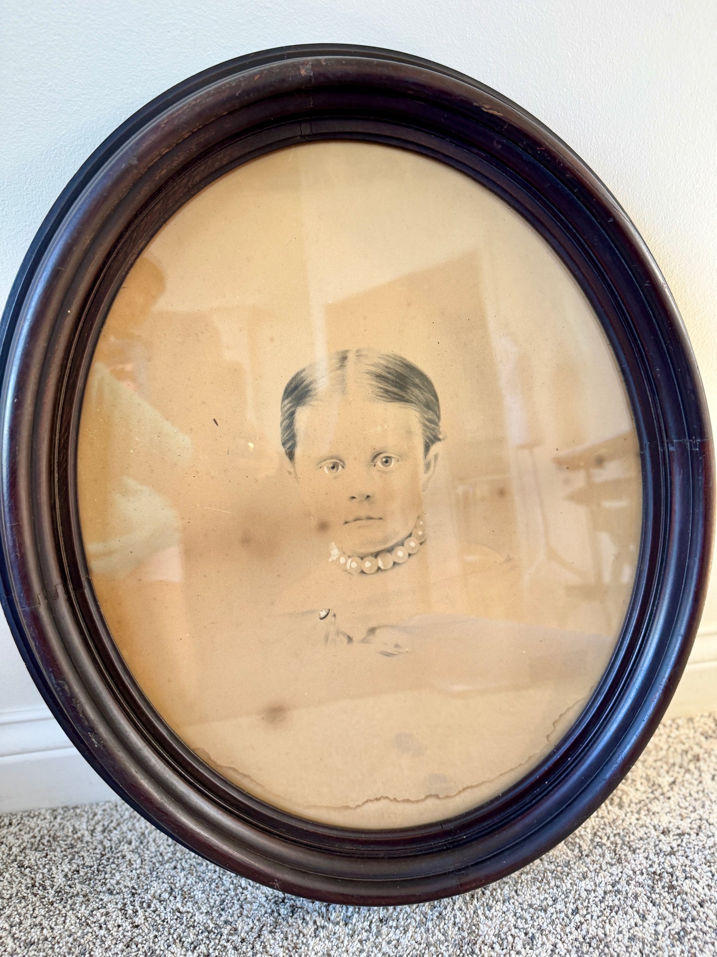 Victorian Oval Portrait Photograph in Original Wood Frame – 19th Century Antique Wall Art (25”)