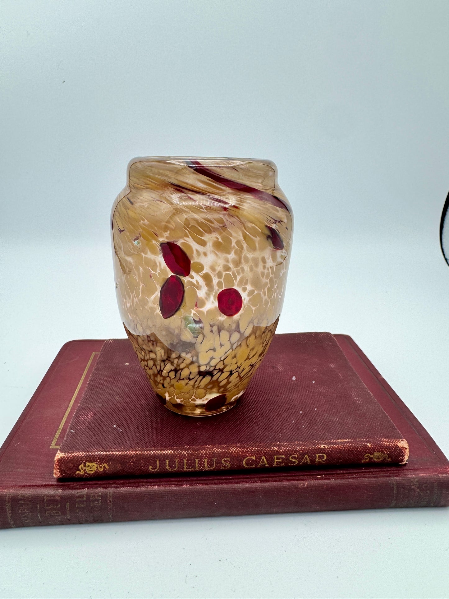 Handblown Art Glass Vase - Amber & Ruby Red Spitted Pattern, 4.5" Studio Glass