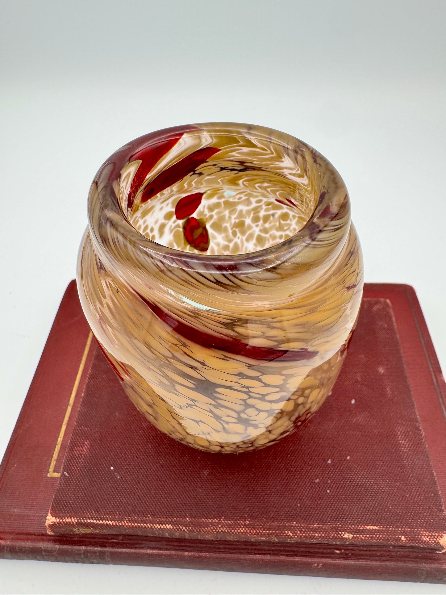Handblown Art Glass Vase - Amber & Ruby Red Spitted Pattern, 4.5" Studio Glass