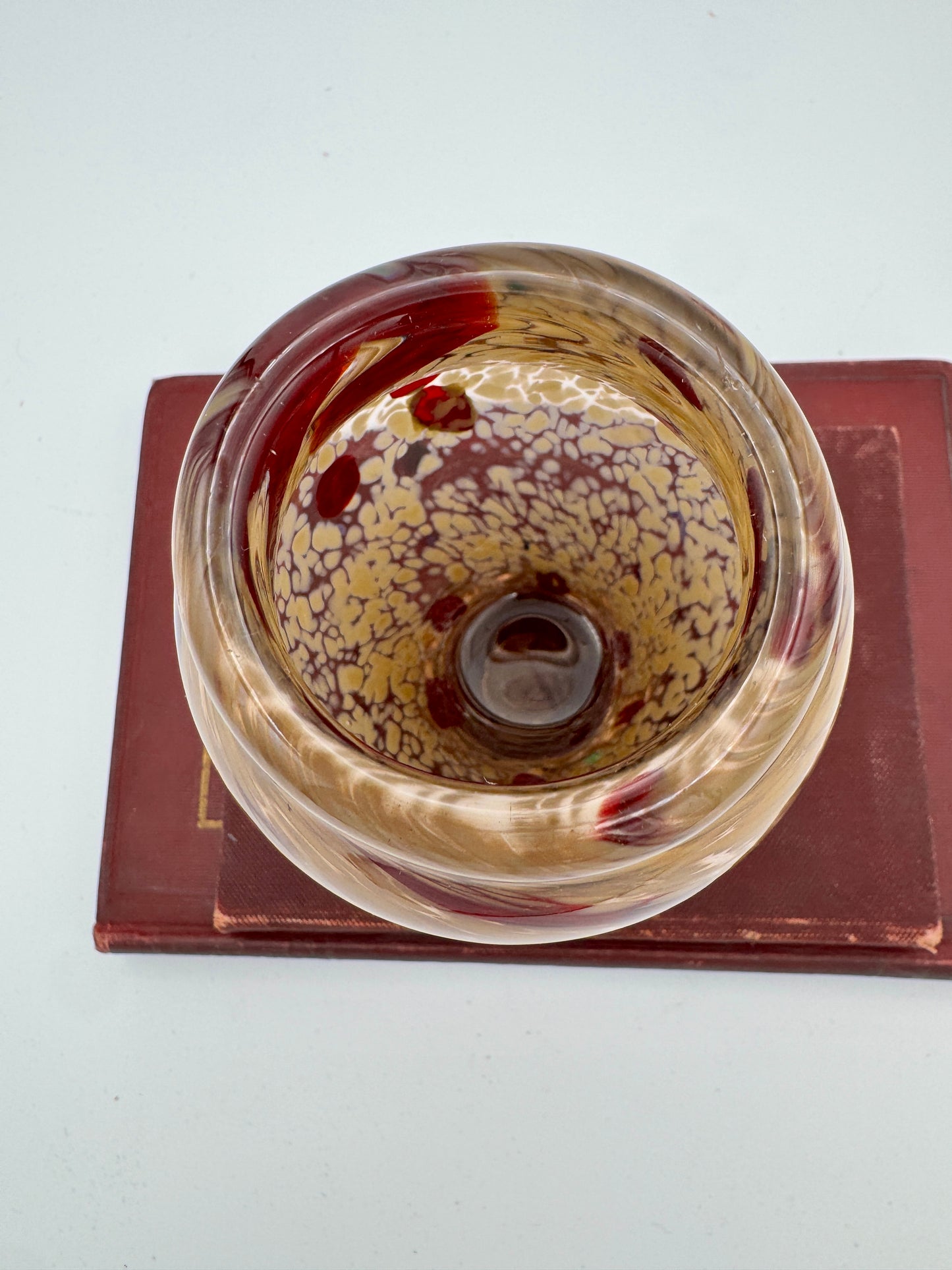 Handblown Art Glass Vase - Amber & Ruby Red Spitted Pattern, 4.5" Studio Glass