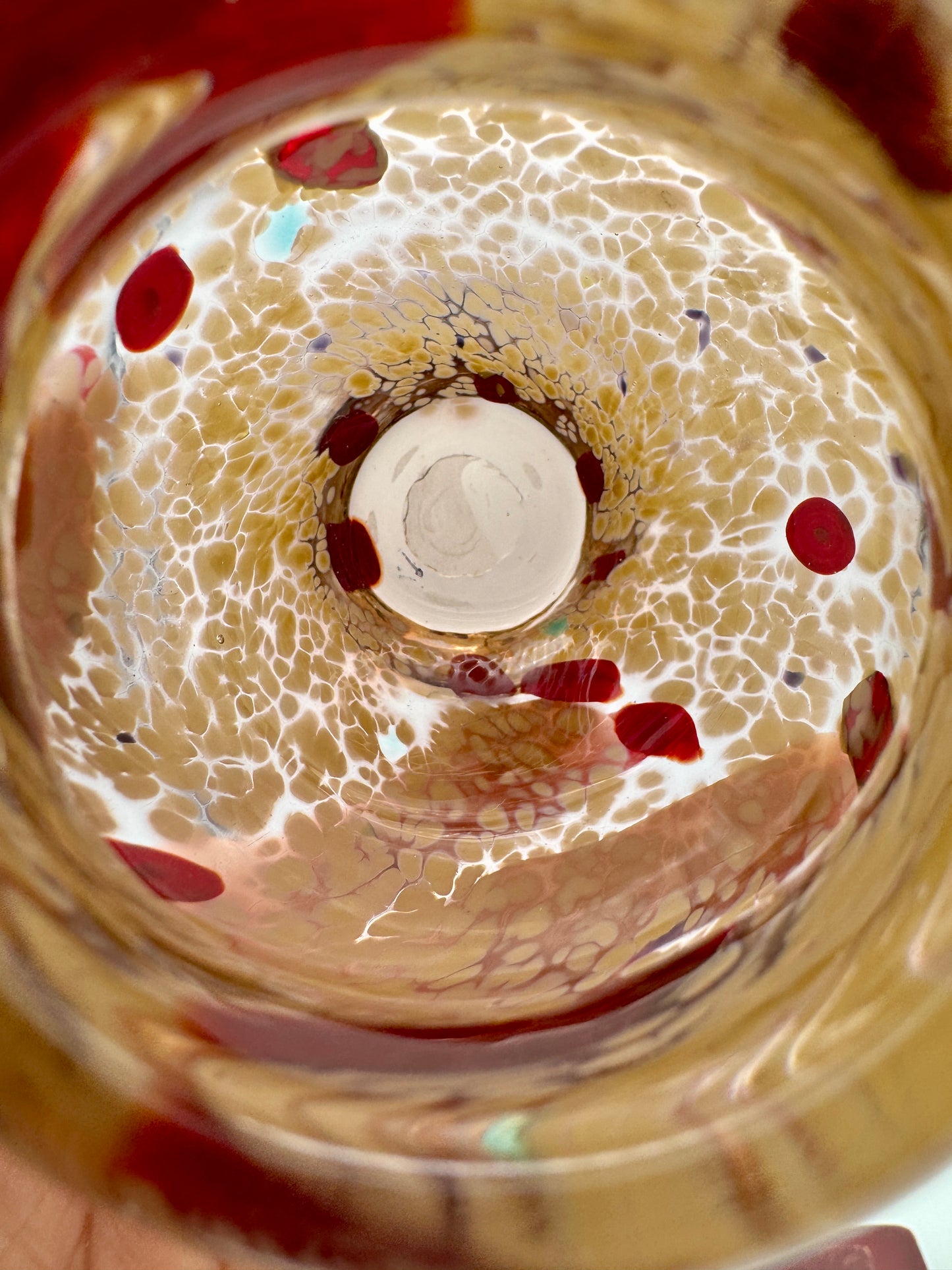 Handblown Art Glass Vase - Amber & Ruby Red Spitted Pattern, 4.5" Studio Glass