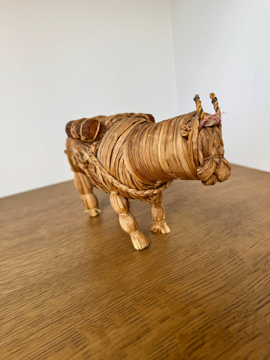 Vintage Hand-Woven Straw Ox Figure – Folk Art Animal Sculpture