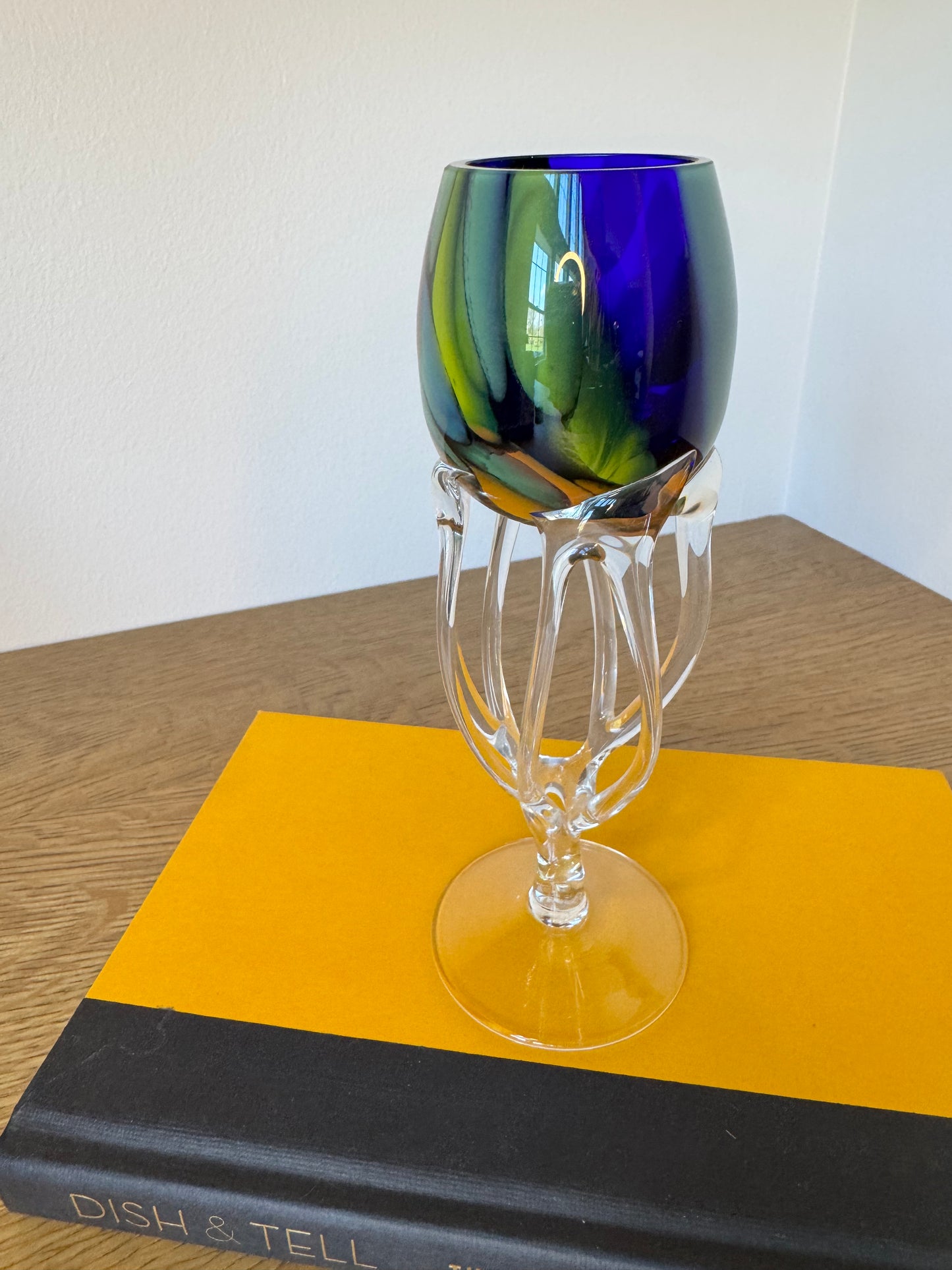 Blue-Green Swirl Art Glass Goblet with Sculptural Clear Stem