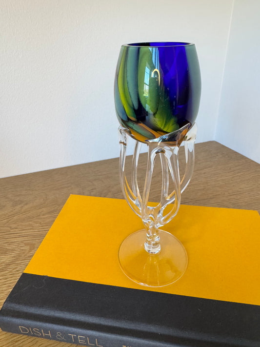 Blue-Green Swirl Art Glass Goblet with Sculptural Clear Stem