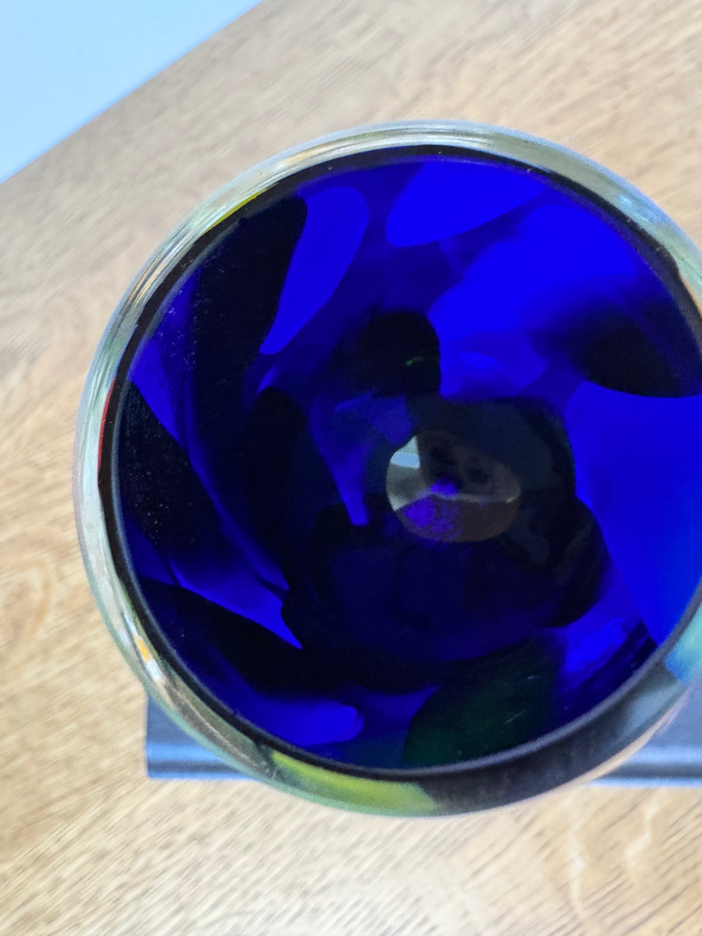Blue-Green Swirl Art Glass Goblet with Sculptural Clear Stem