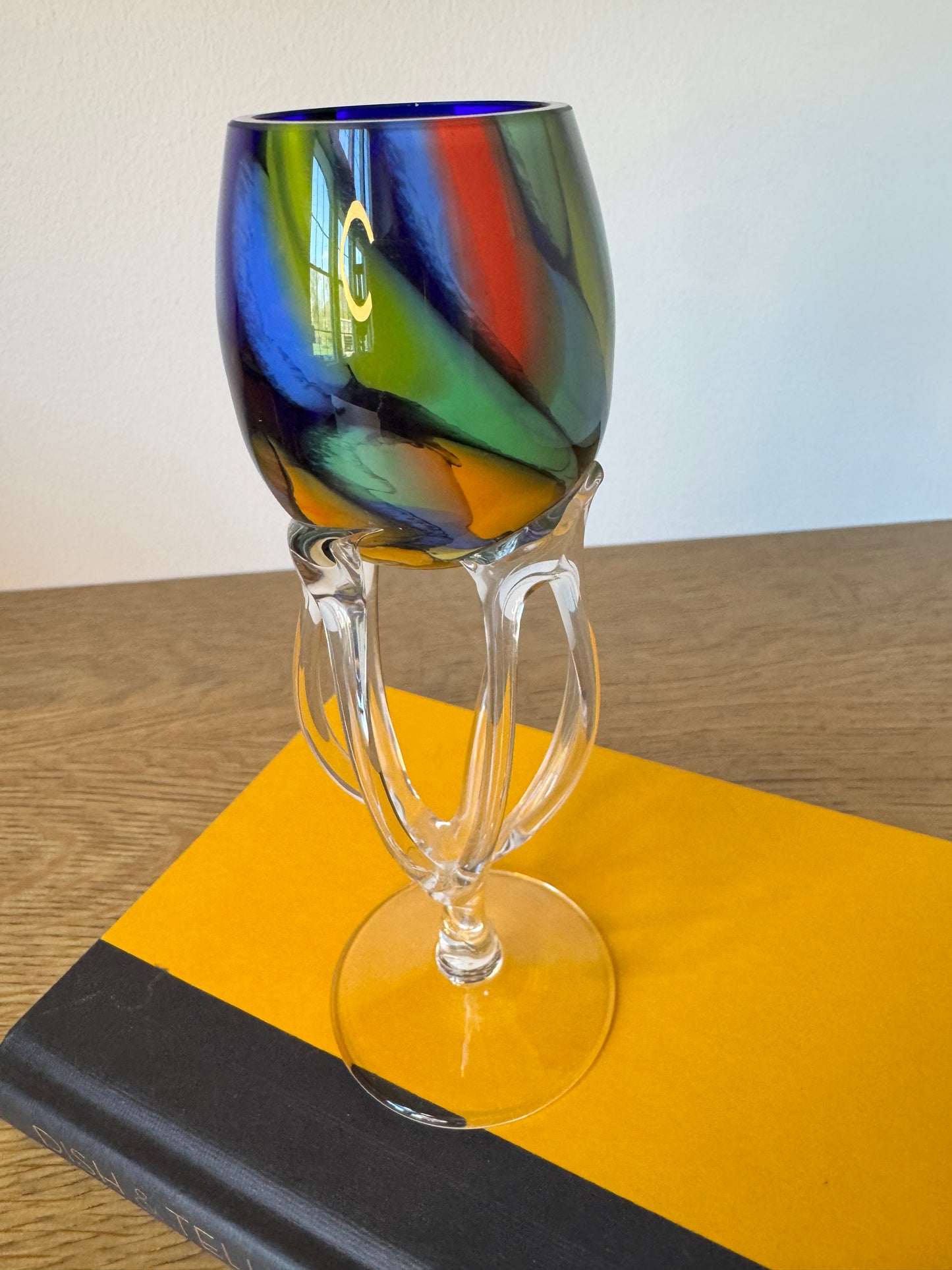 Blue-Green Swirl Art Glass Goblet with Sculptural Clear Stem