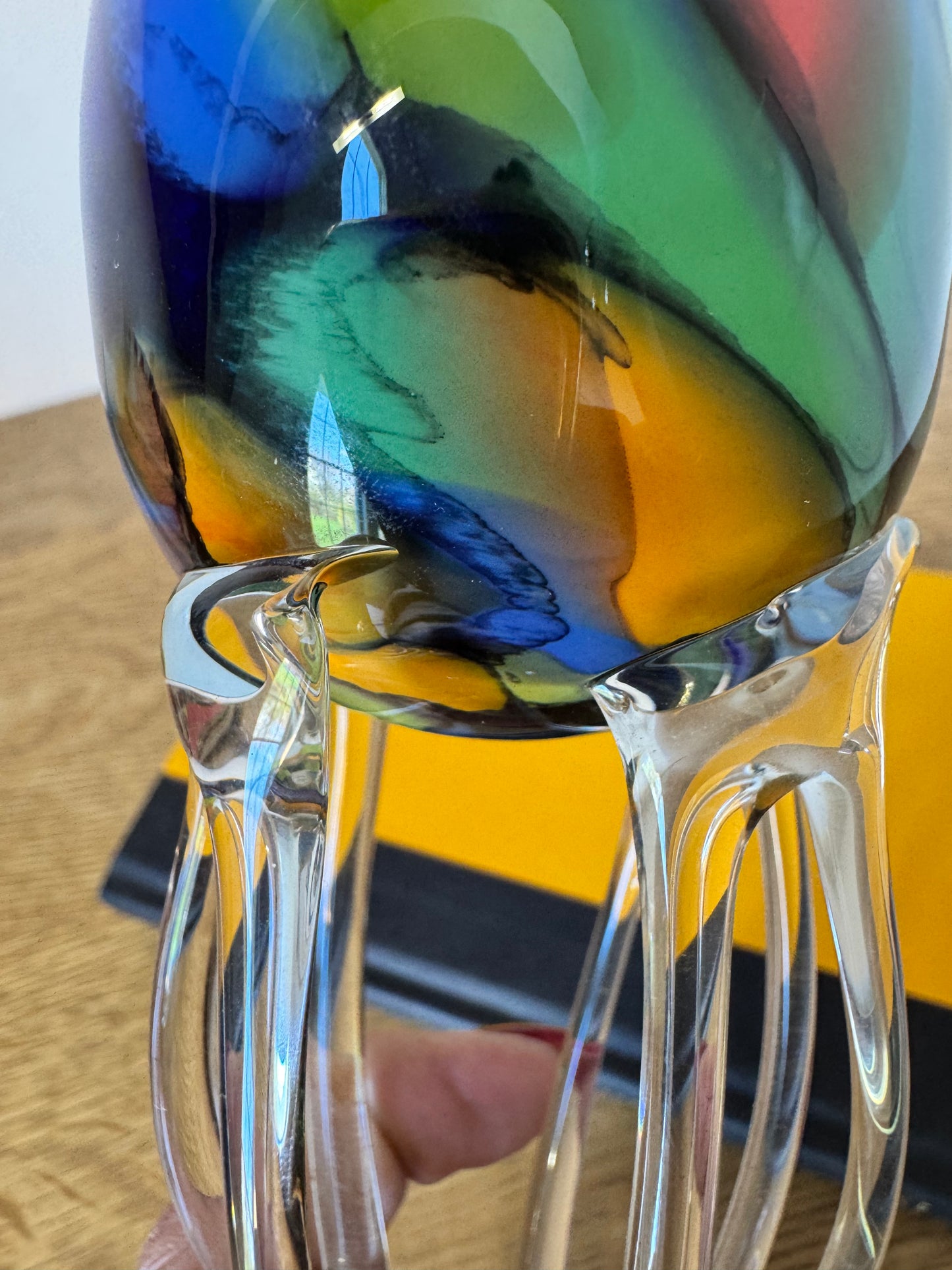 Blue-Green Swirl Art Glass Goblet with Sculptural Clear Stem