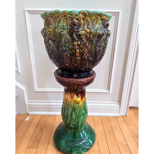 Antique Majolica Jardinière with Bacchus Grapes and Vintage Ceramic  Art Noveau Urn Stand