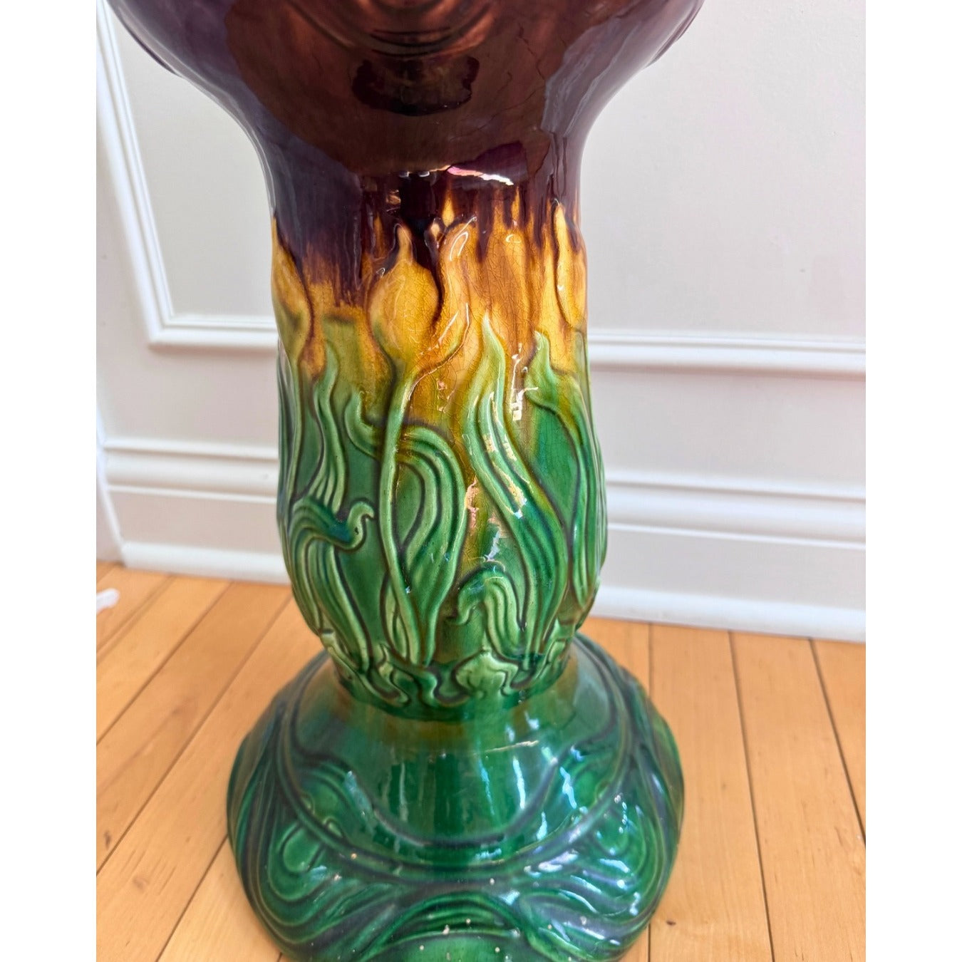 Antique Majolica Jardinière with Bacchus Grapes and Vintage Ceramic  Art Noveau Urn Stand