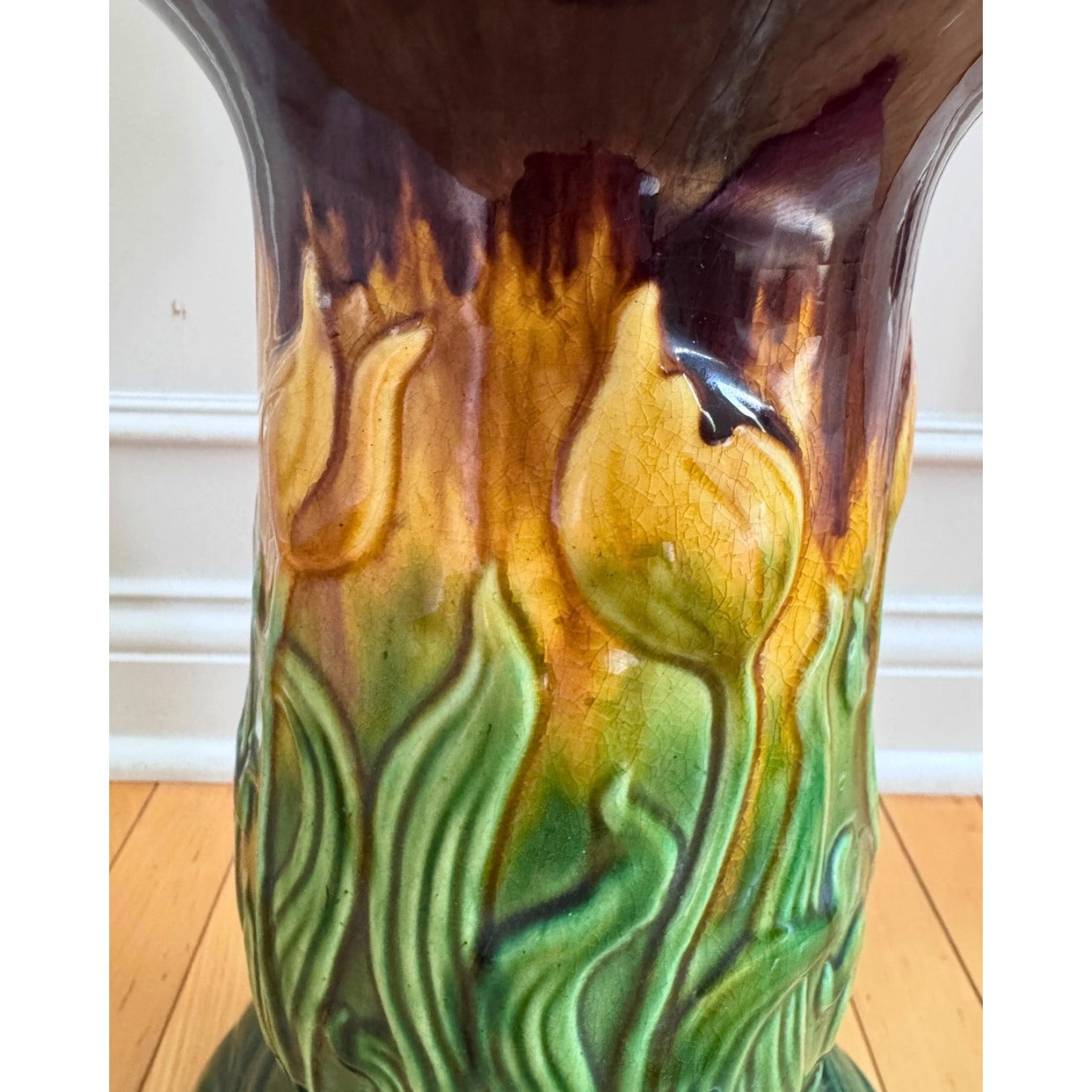 Antique Majolica Jardinière with Bacchus Grapes and Vintage Ceramic  Art Noveau Urn Stand