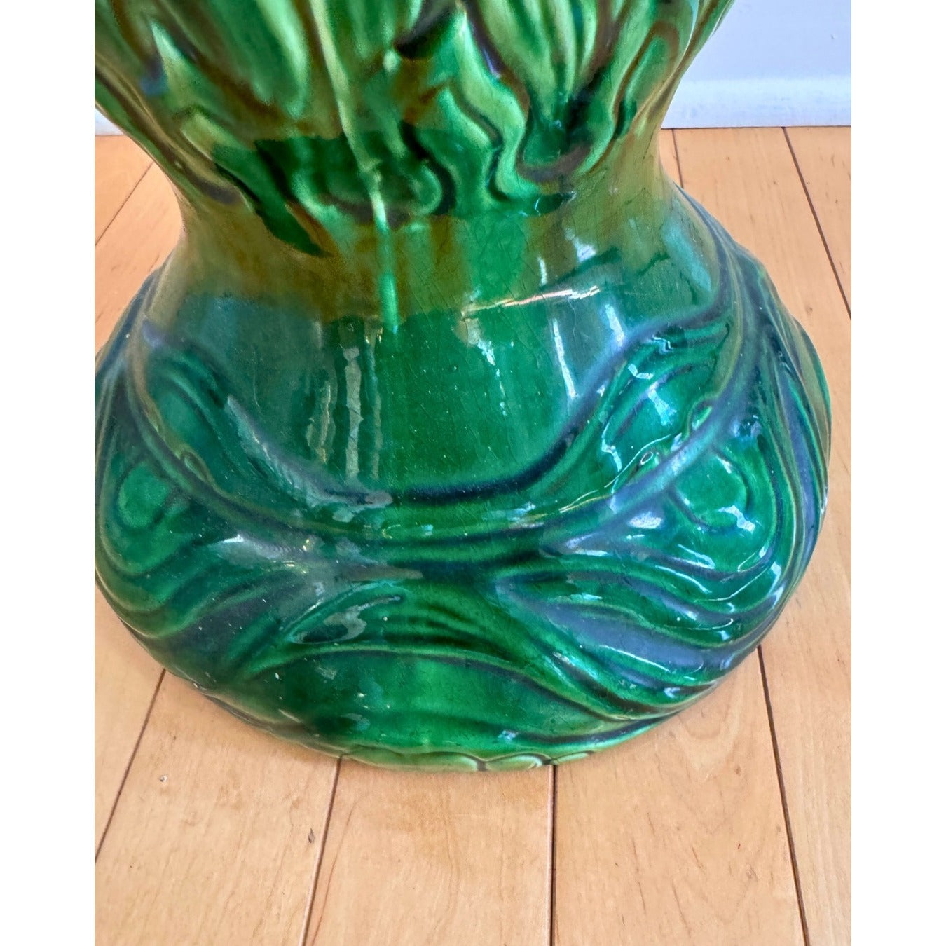 Antique Majolica Jardinière with Bacchus Grapes and Vintage Ceramic  Art Noveau Urn Stand