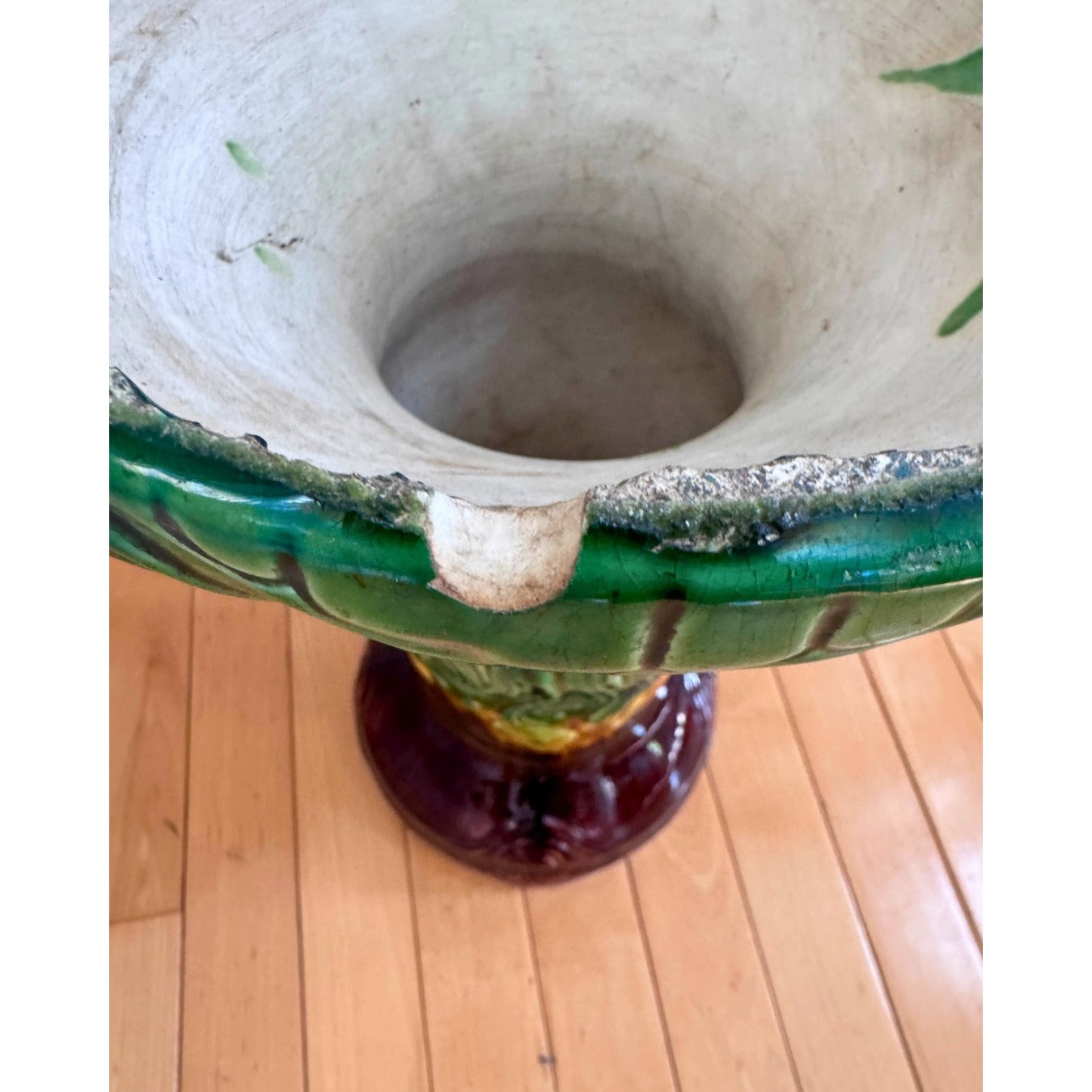 Antique Majolica Jardinière with Bacchus Grapes and Vintage Ceramic  Art Noveau Urn Stand