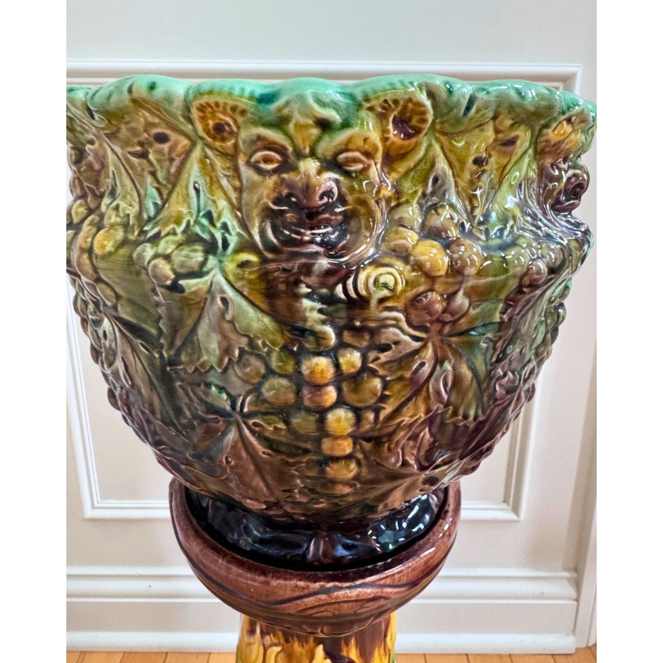 Antique Majolica Jardinière with Bacchus Grapes and Vintage Ceramic  Art Noveau Urn Stand