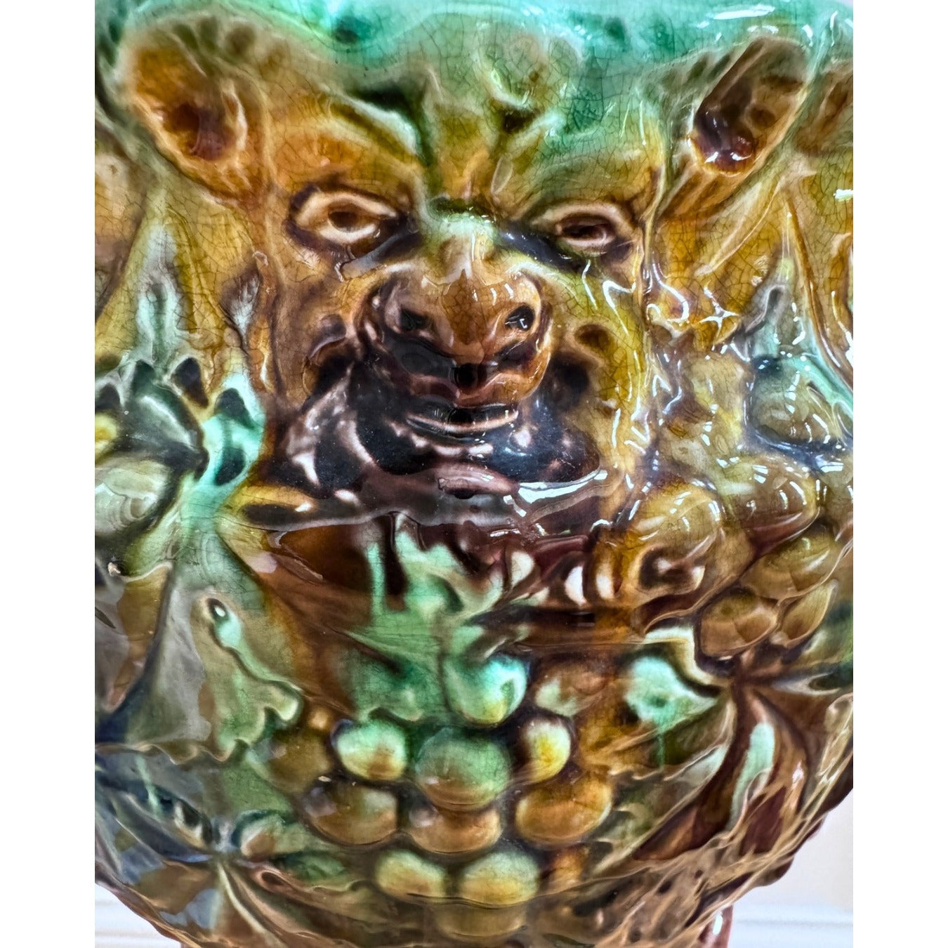 Antique Majolica Jardinière with Bacchus Grapes and Vintage Ceramic  Art Noveau Urn Stand