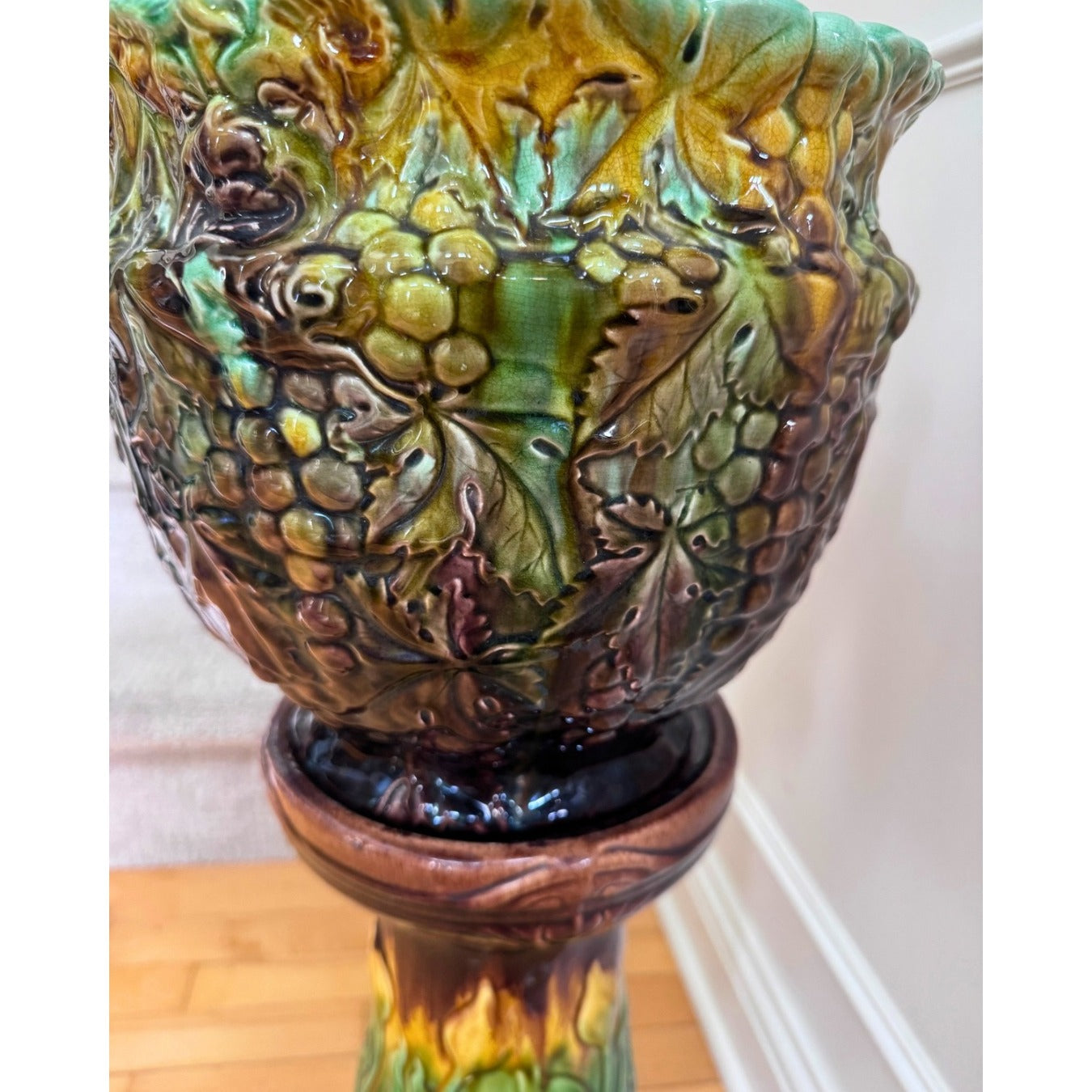 Antique Majolica Jardinière with Bacchus Grapes and Vintage Ceramic  Art Noveau Urn Stand