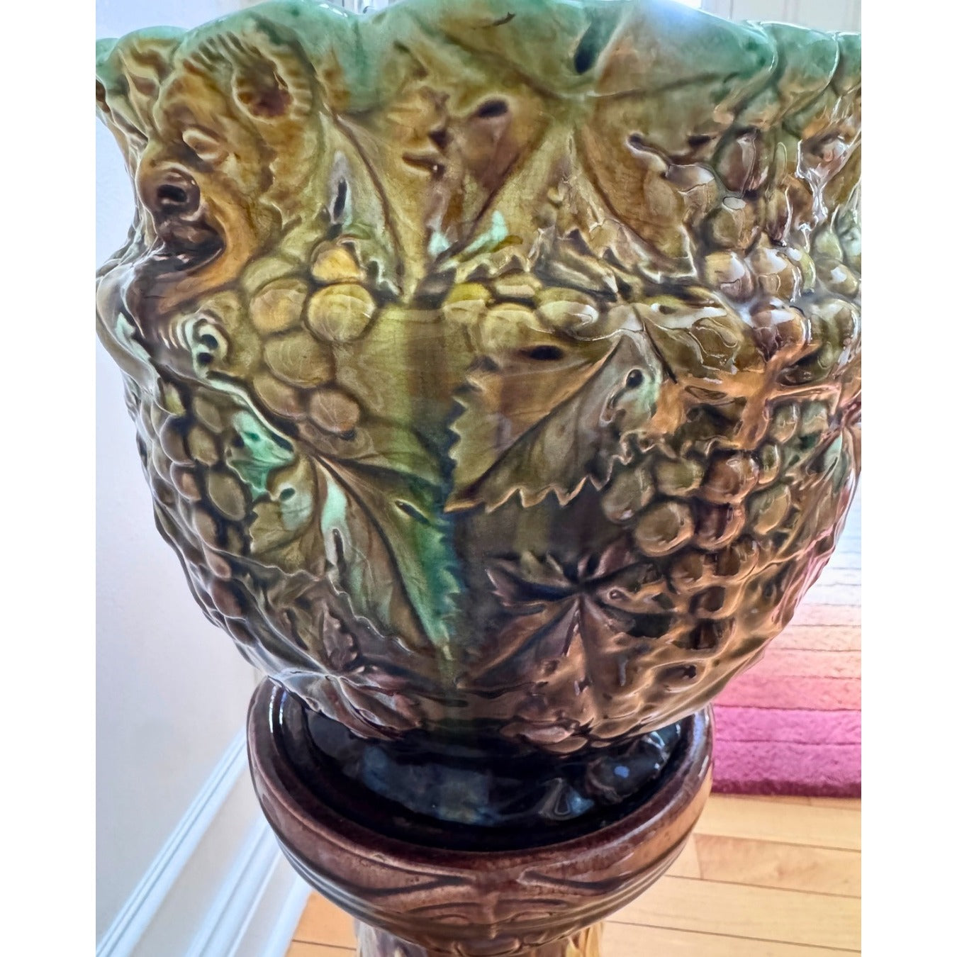 Antique Majolica Jardinière with Bacchus Grapes and Vintage Ceramic  Art Noveau Urn Stand