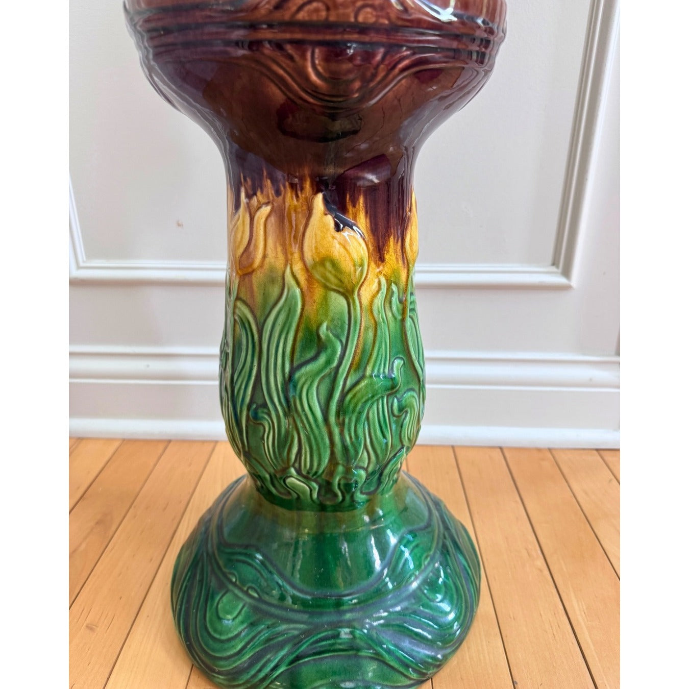 Antique Majolica Jardinière with Bacchus Grapes and Vintage Ceramic  Art Noveau Urn Stand