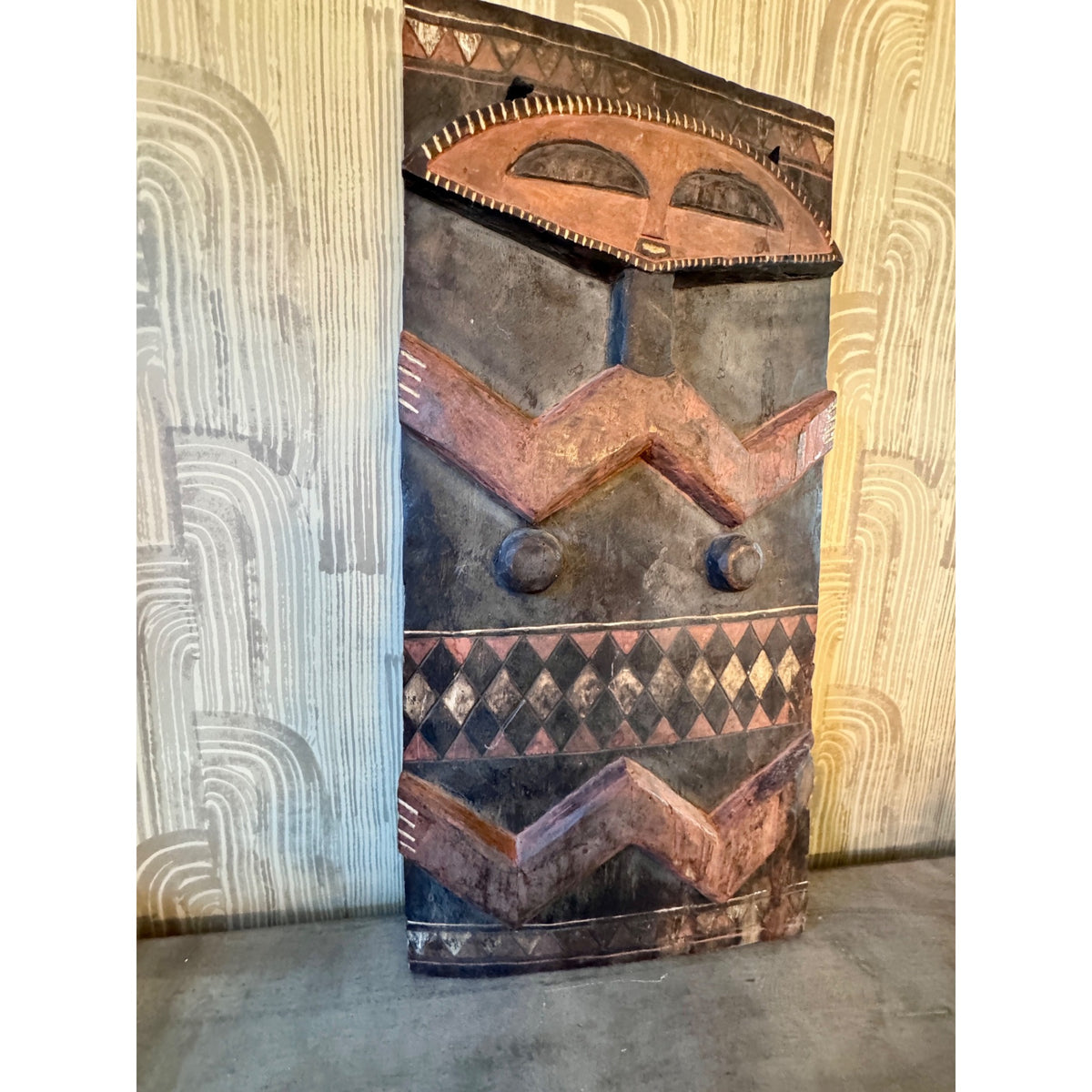 Late 20th Century Pende Polychrome Carved Wood Figural Panel – DR Congo – 32"