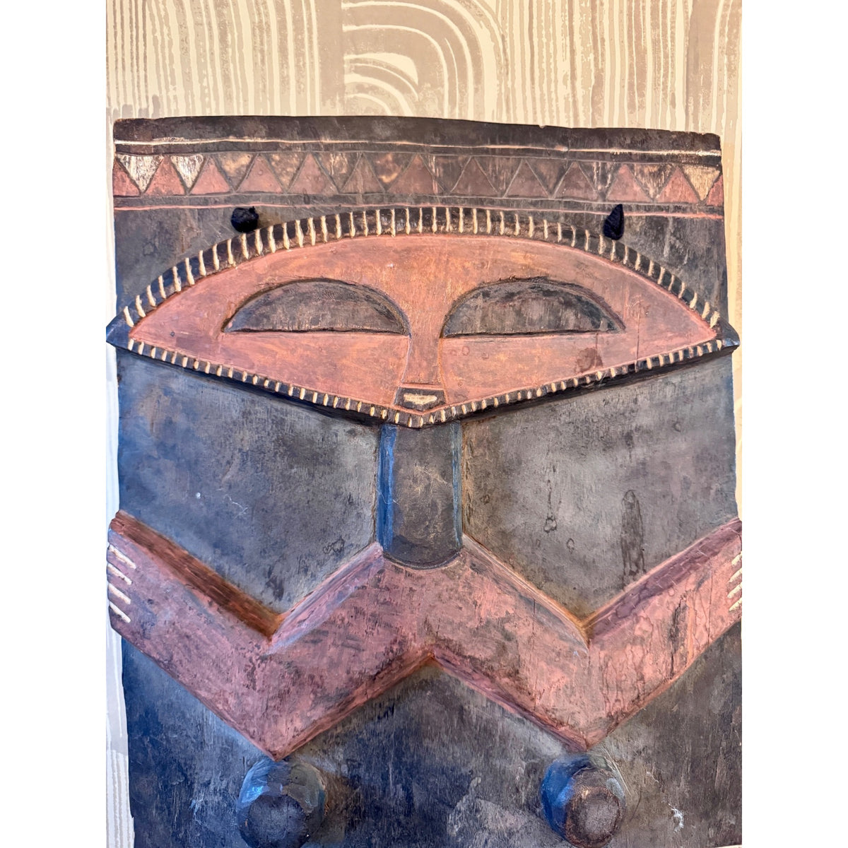 Late 20th Century Pende Polychrome Carved Wood Figural Panel – DR Congo – 32"