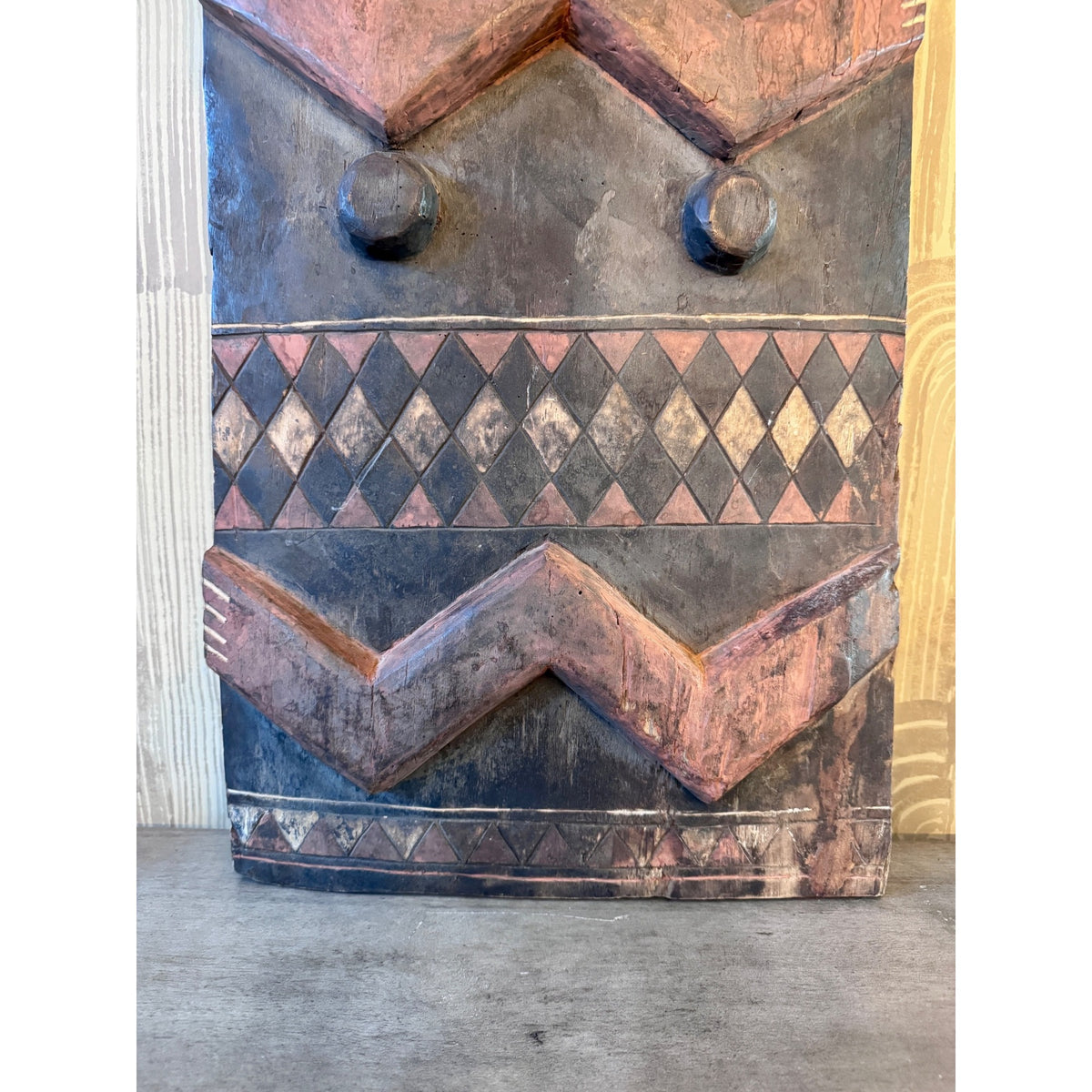 Late 20th Century Pende Polychrome Carved Wood Figural Panel – DR Congo – 32"