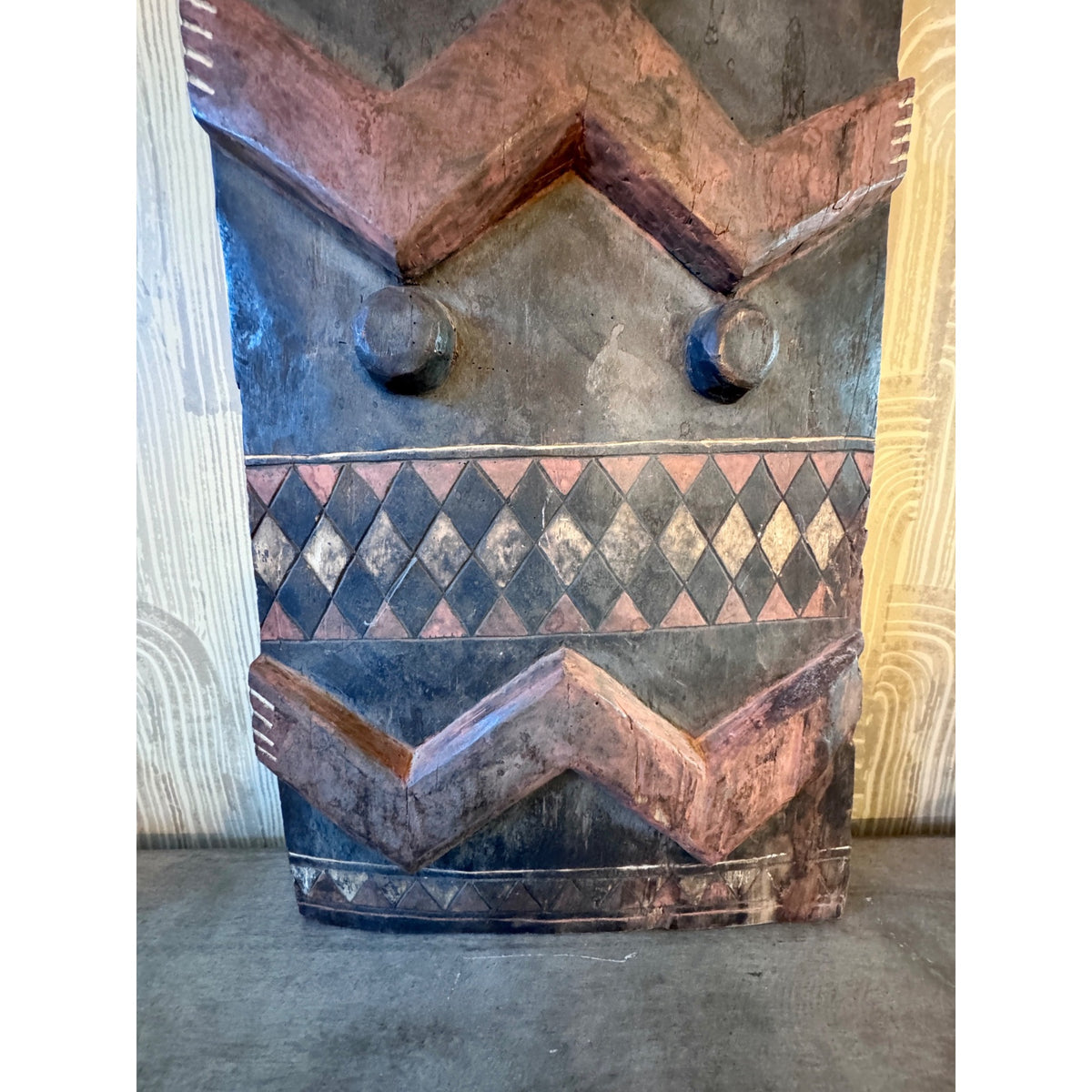 Late 20th Century Pende Polychrome Carved Wood Figural Panel – DR Congo – 32"