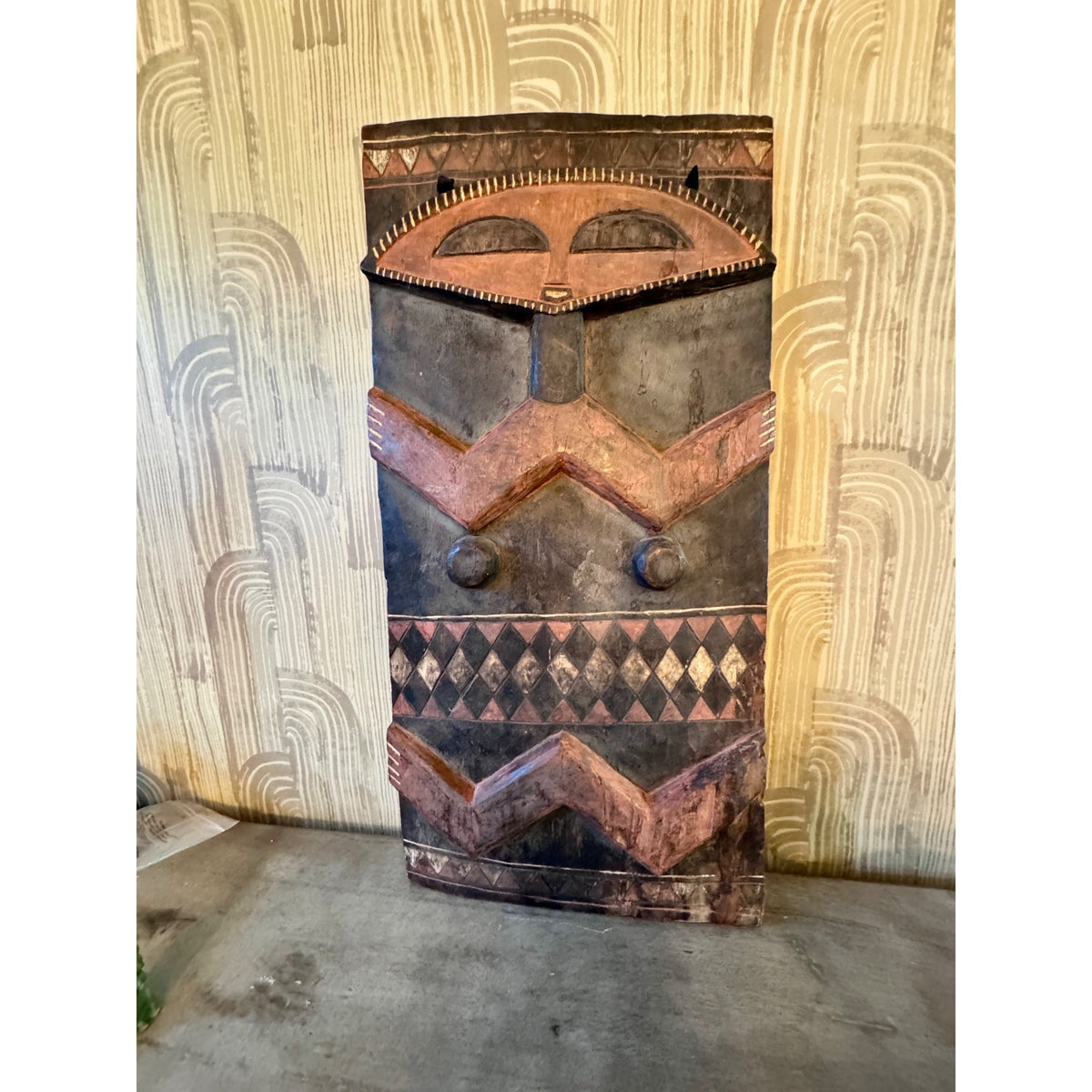 Late 20th Century Pende Polychrome Carved Wood Figural Panel – DR Congo – 32"