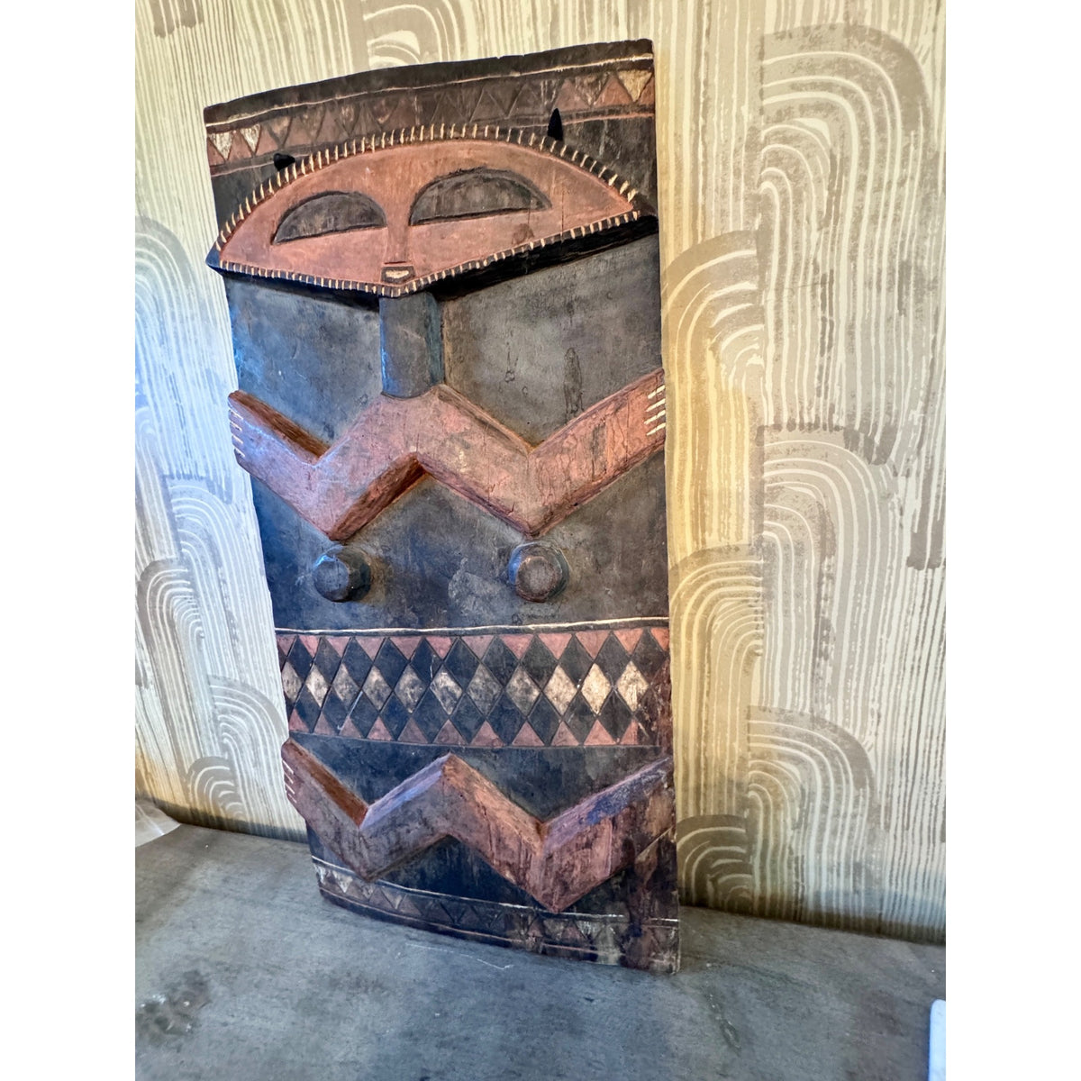 Late 20th Century Pende Polychrome Carved Wood Figural Panel – DR Congo – 32"