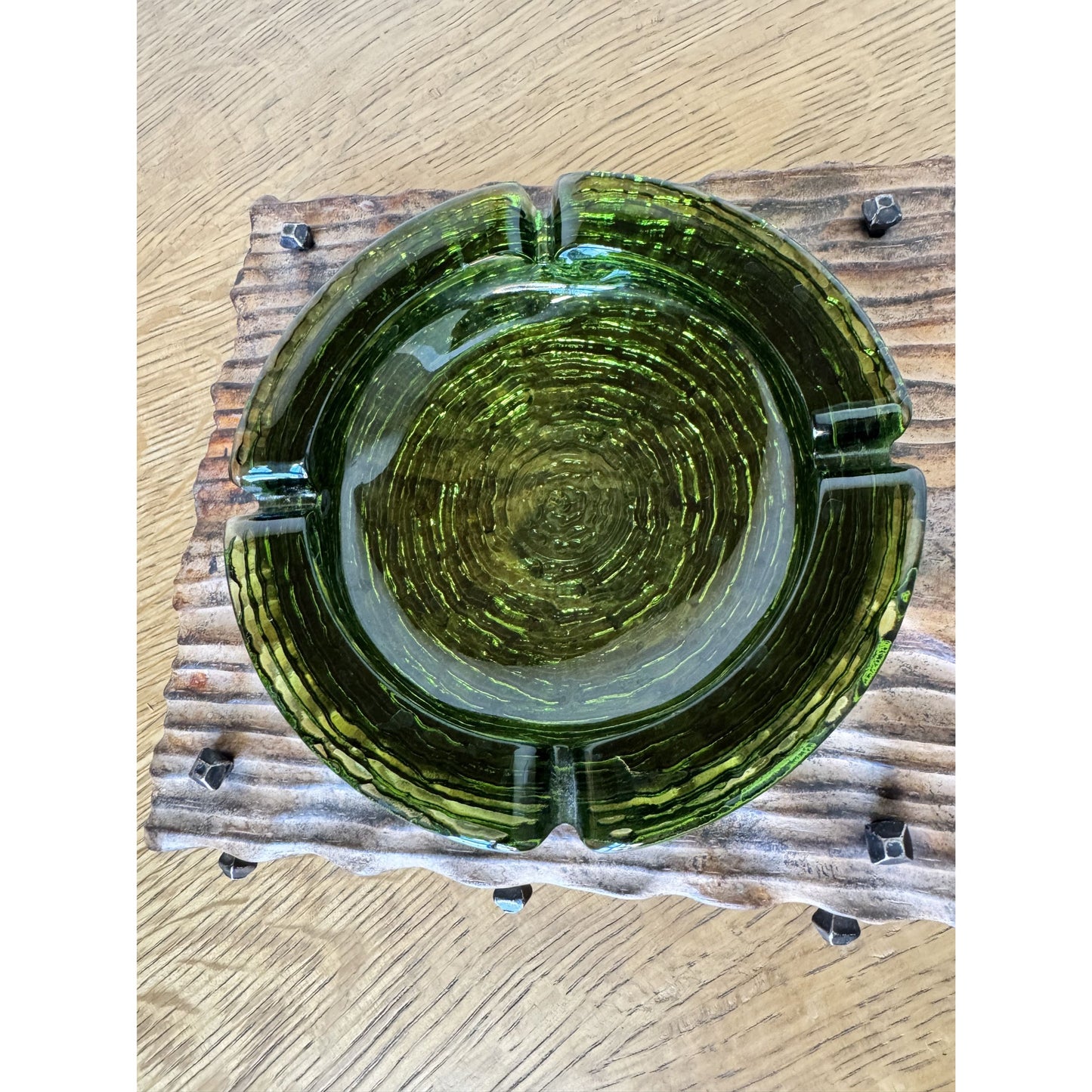 Hand-Carved Wood & Green Glass Ashtray with Iron Nail Accents