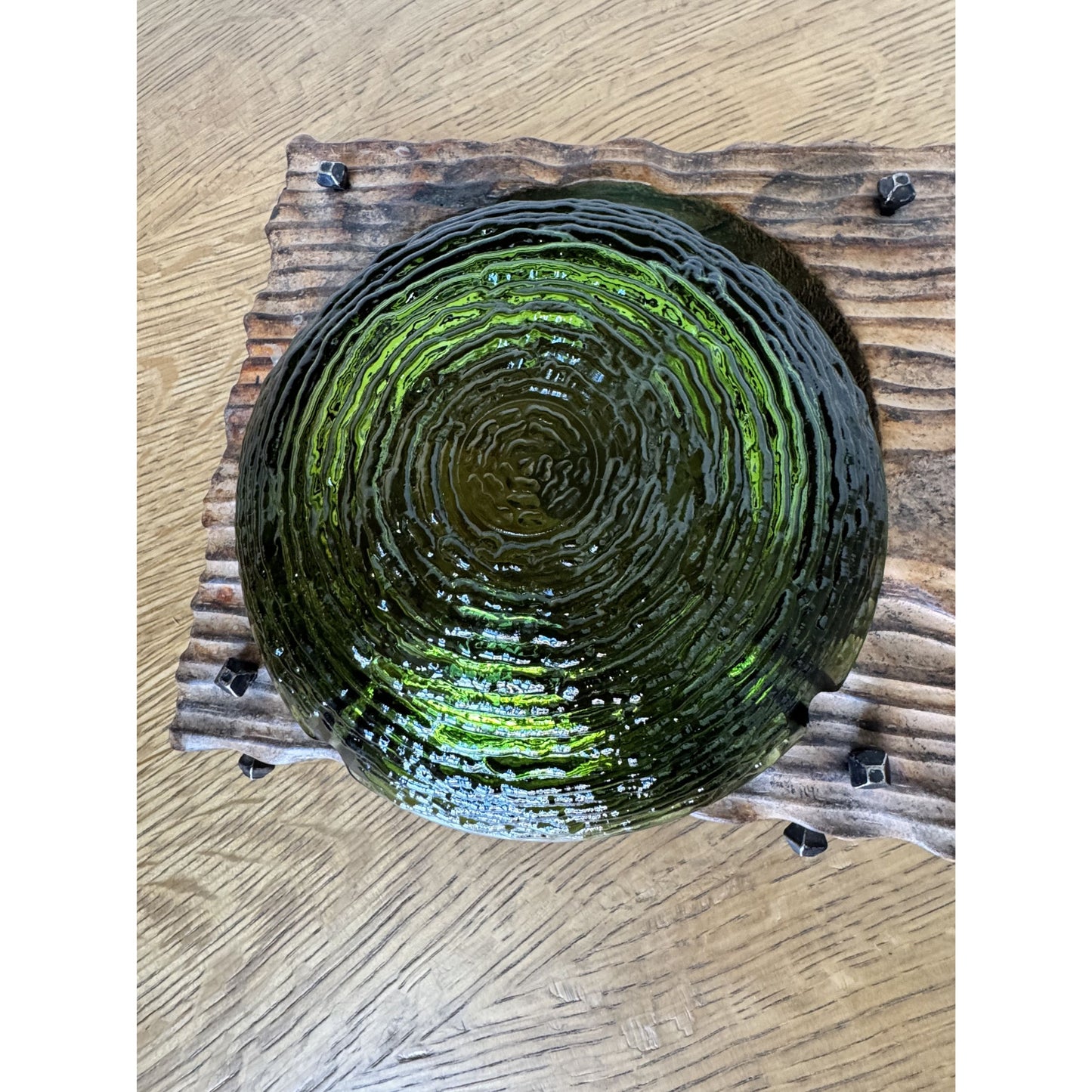 Hand-Carved Wood & Green Glass Ashtray with Iron Nail Accents