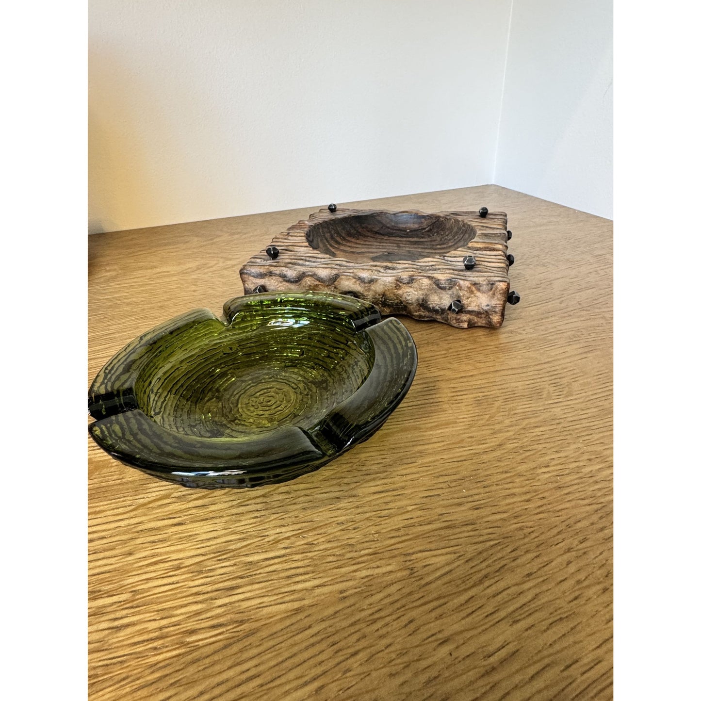 Hand-Carved Wood & Green Glass Ashtray with Iron Nail Accents